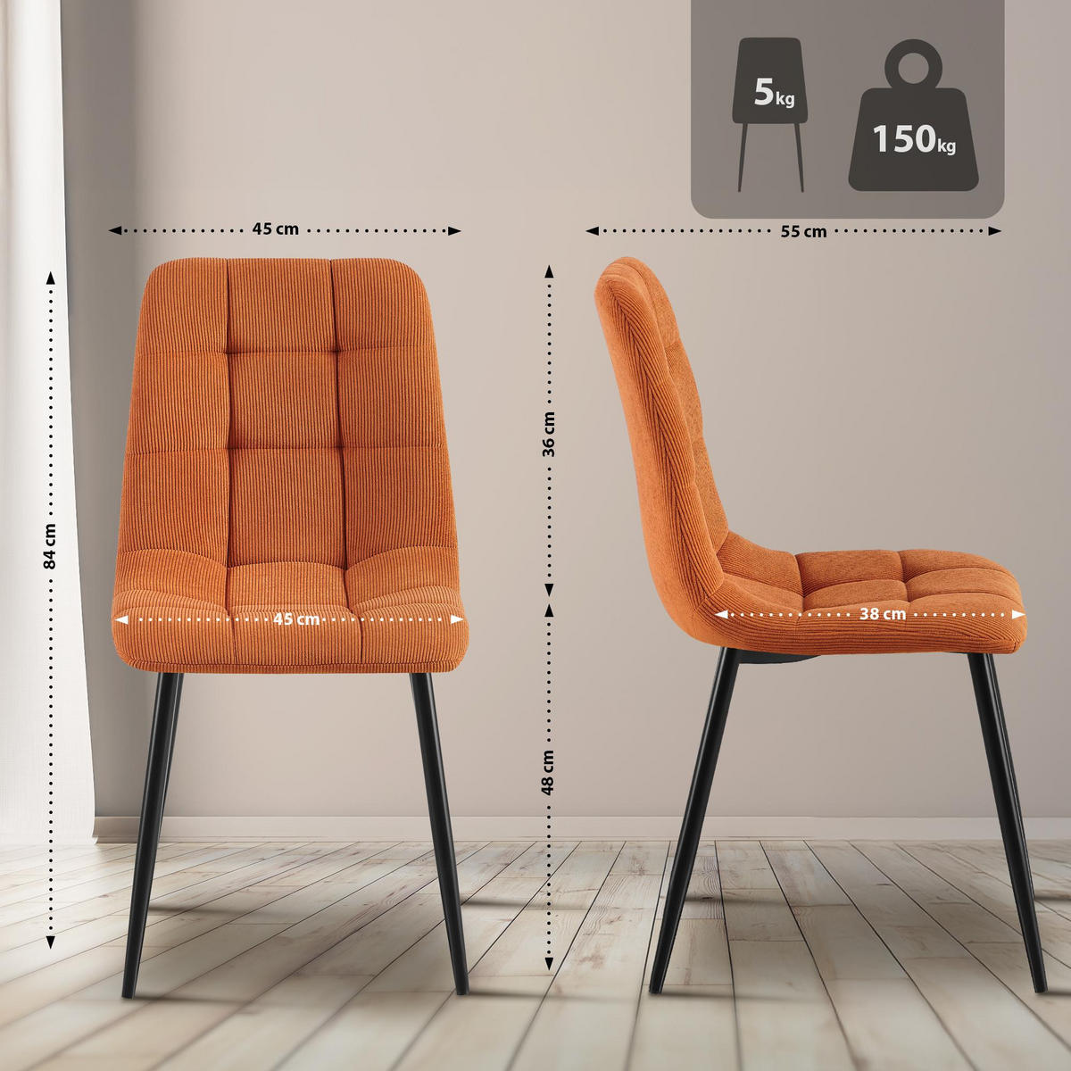 ESSZIMMERSTUHL 2er Set Fanor Cord Orange Wohnzimmerstuhl - Orange, Textil (45/84/55cm) - DELUKE