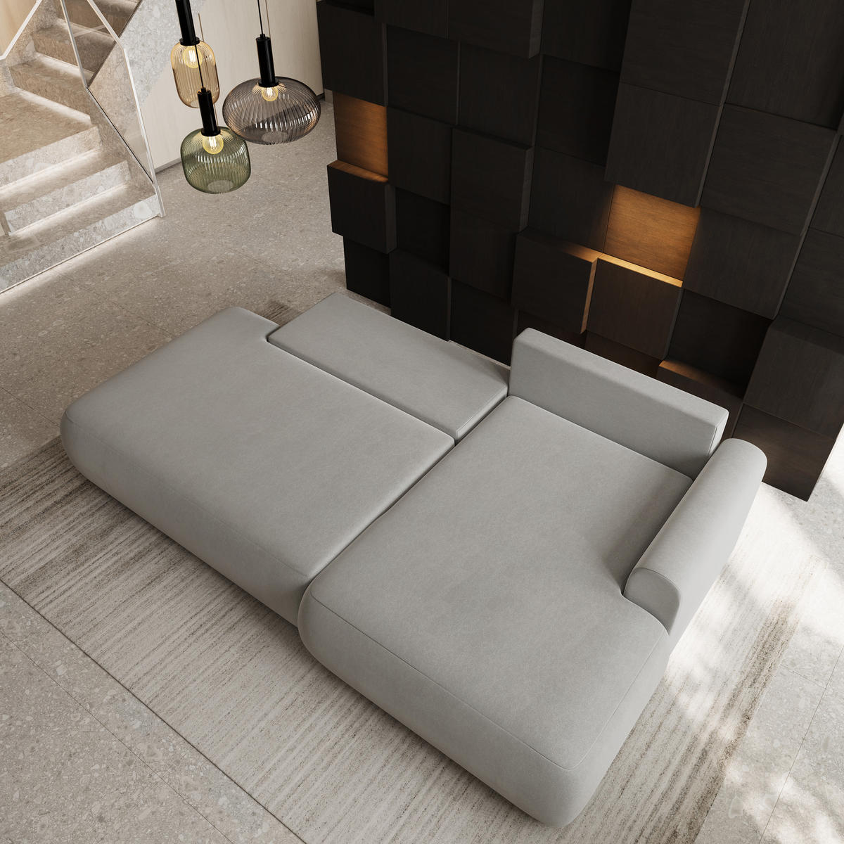 ECKSOFA NUVIRA CL R-S Hellgrau Samtstoff mit Schlaffunktion - Hellgrau, Holzwerkstoff/Textil (279/158cm) - MASSENO