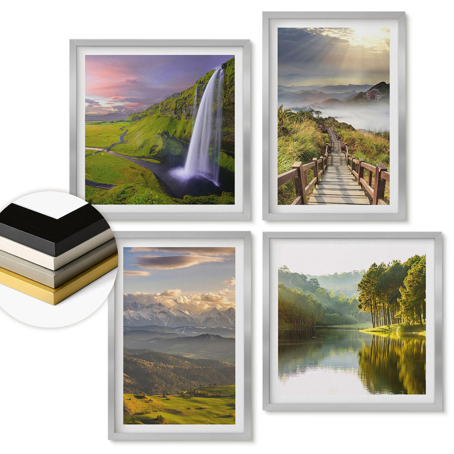 WANDBILDER 4er Set - 50x50 cm & 40x60 cm Silberner Rahmen - Berglandschaften Wasserfall - Silberfarben, Kunststoff (50/50cm) - ArtPrintCave