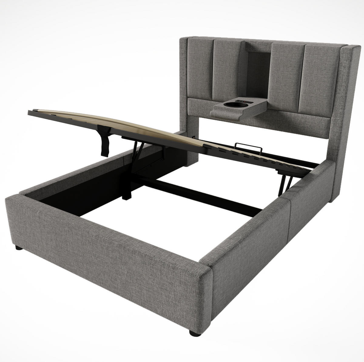 POLSTERBETT aus Leinen 90x200 cm in Grau mit Ladestation & Matratze - Grau, Textil (90/200cm) - Modfu