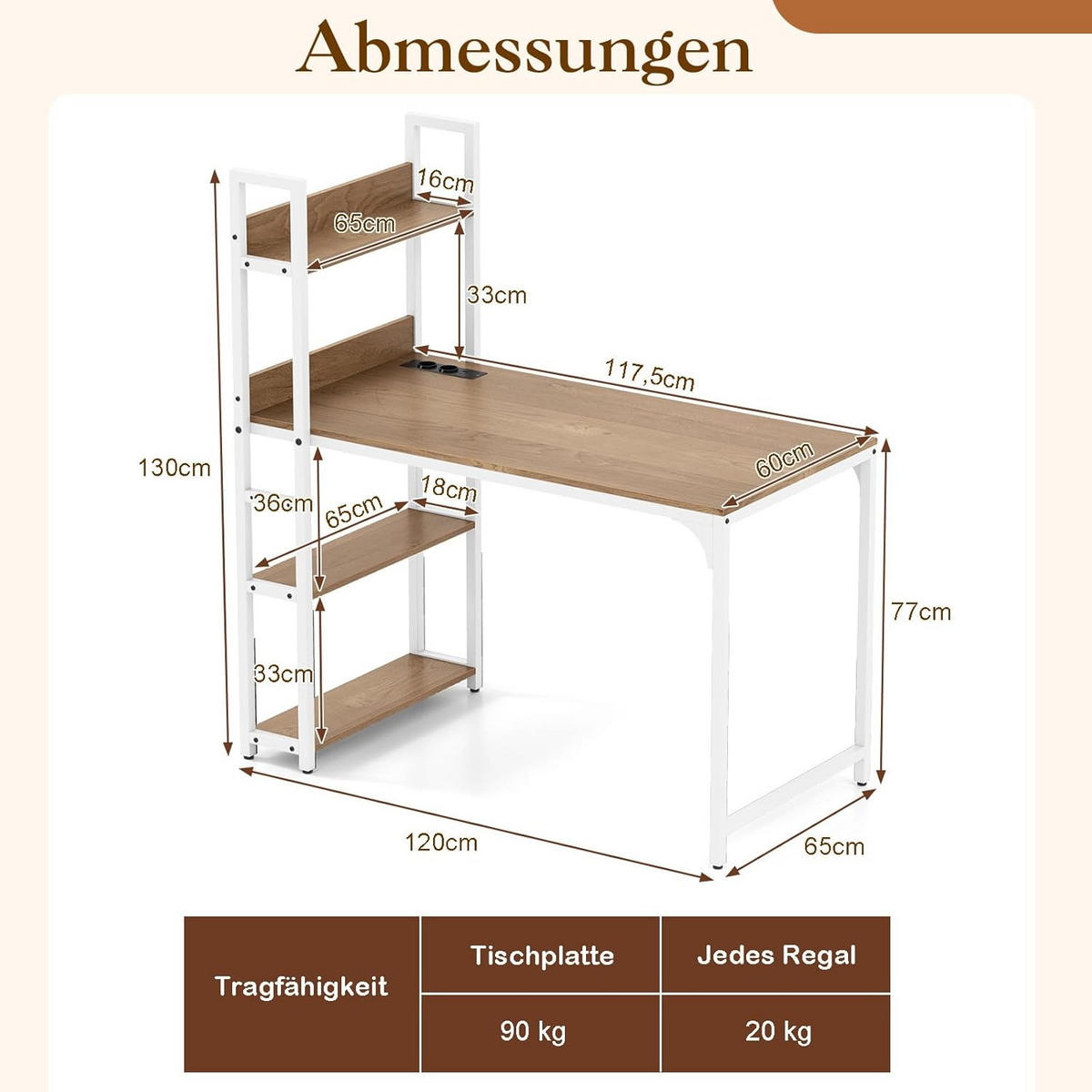 DATORBORD Natur - Naturfärgad, Träbaserade material (65/120/130cm) - COSTWAY