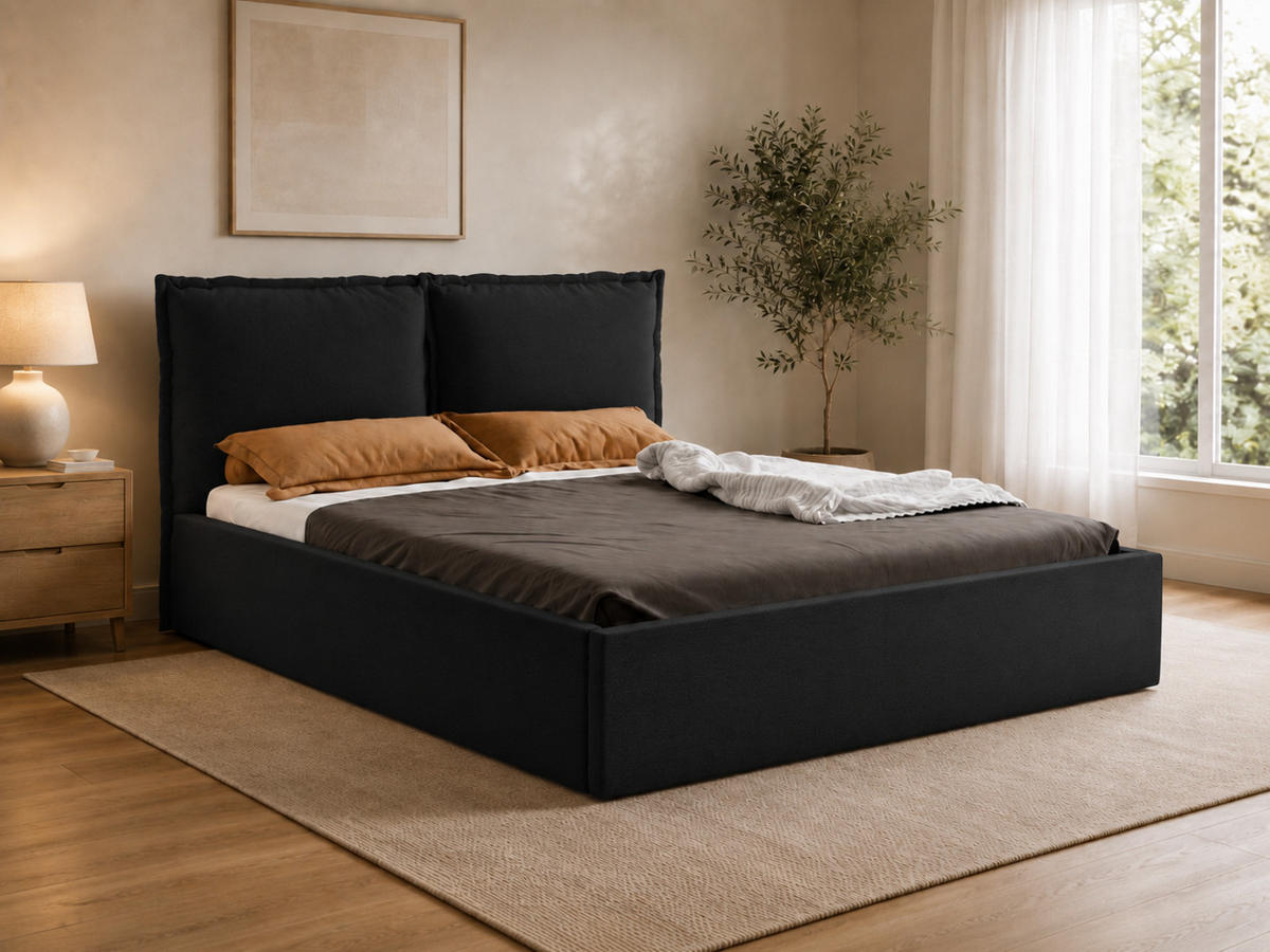 POLSTERBETT MIRA 180x200 cm mit Bettkasten, Stauraum und Metall-Lattenrost – VIBE Schwarz - Schwarz, Textil/Metall (180/200cm) - Luxkor24