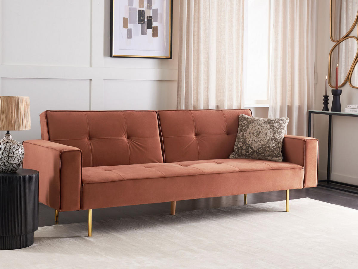 3-SITZER-SCHLAFSOFA Samtstoff goldbraun Visnes - Goldfarben/Braun, Textil (218/80/81cm) - Beliani