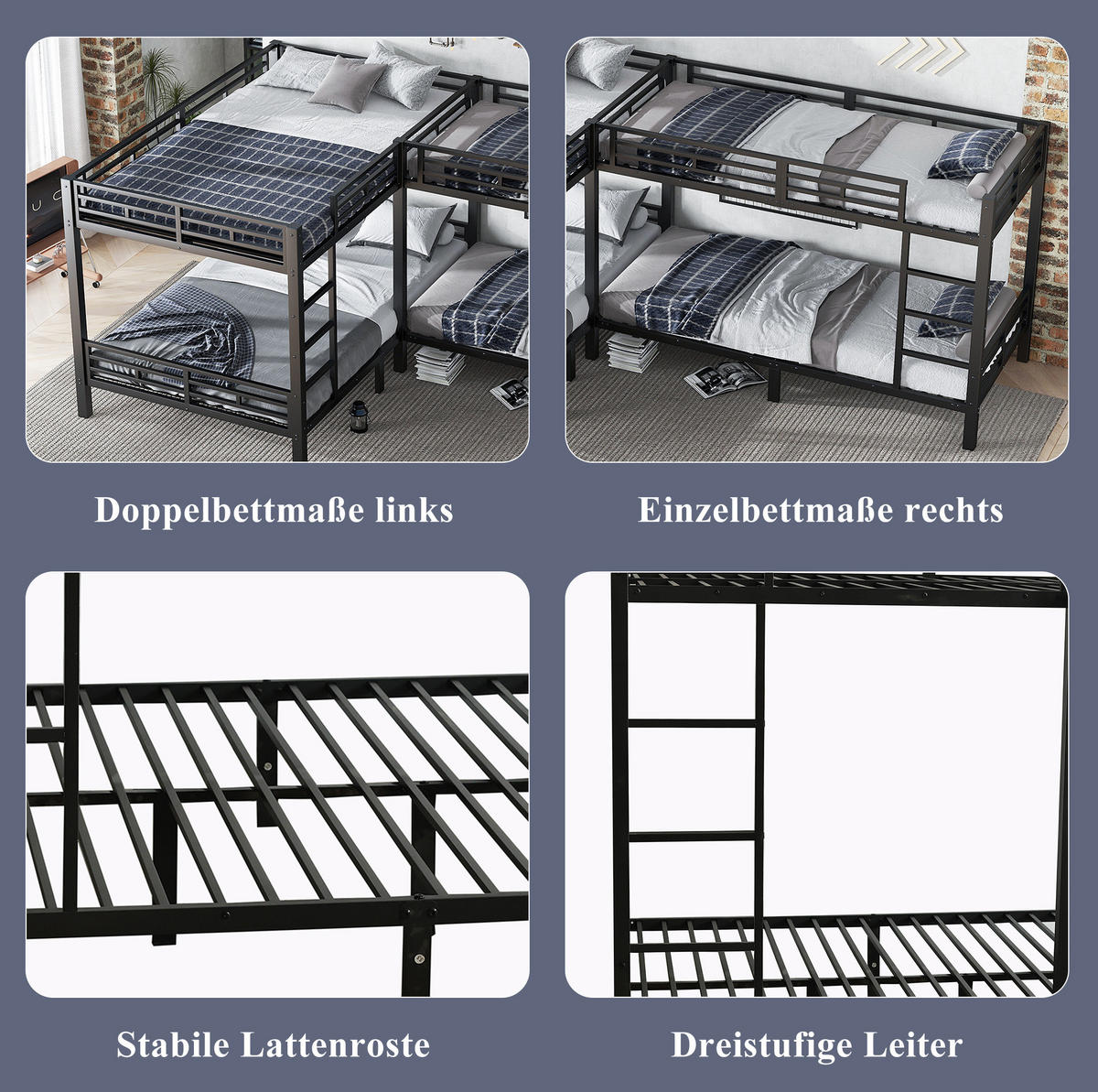 ETAGENBETT 90/200 cm und 140/200 cm Schwarz aus Eisen mit stabilen Lattenrost - Schwarz, Metall (90/200cm) - OKWISH