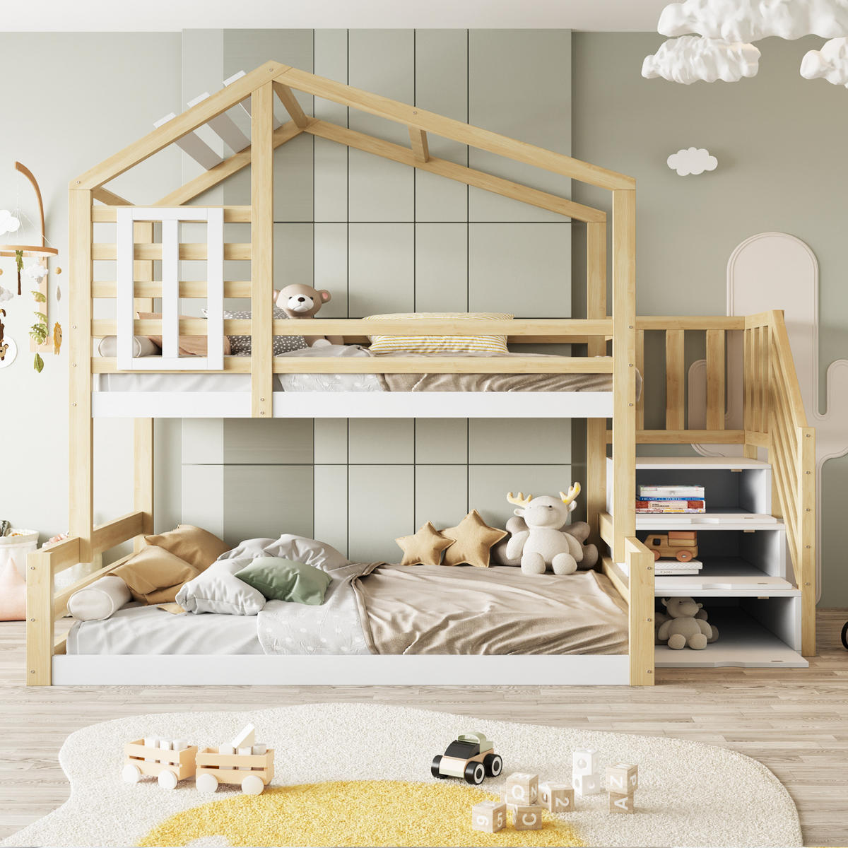 ETAGENBETT 90/200 cm Natur aus Kiefernholz mit Fenster und Stauraumtreppe - Naturfarben, Holz (90/200cm) - OKWISH