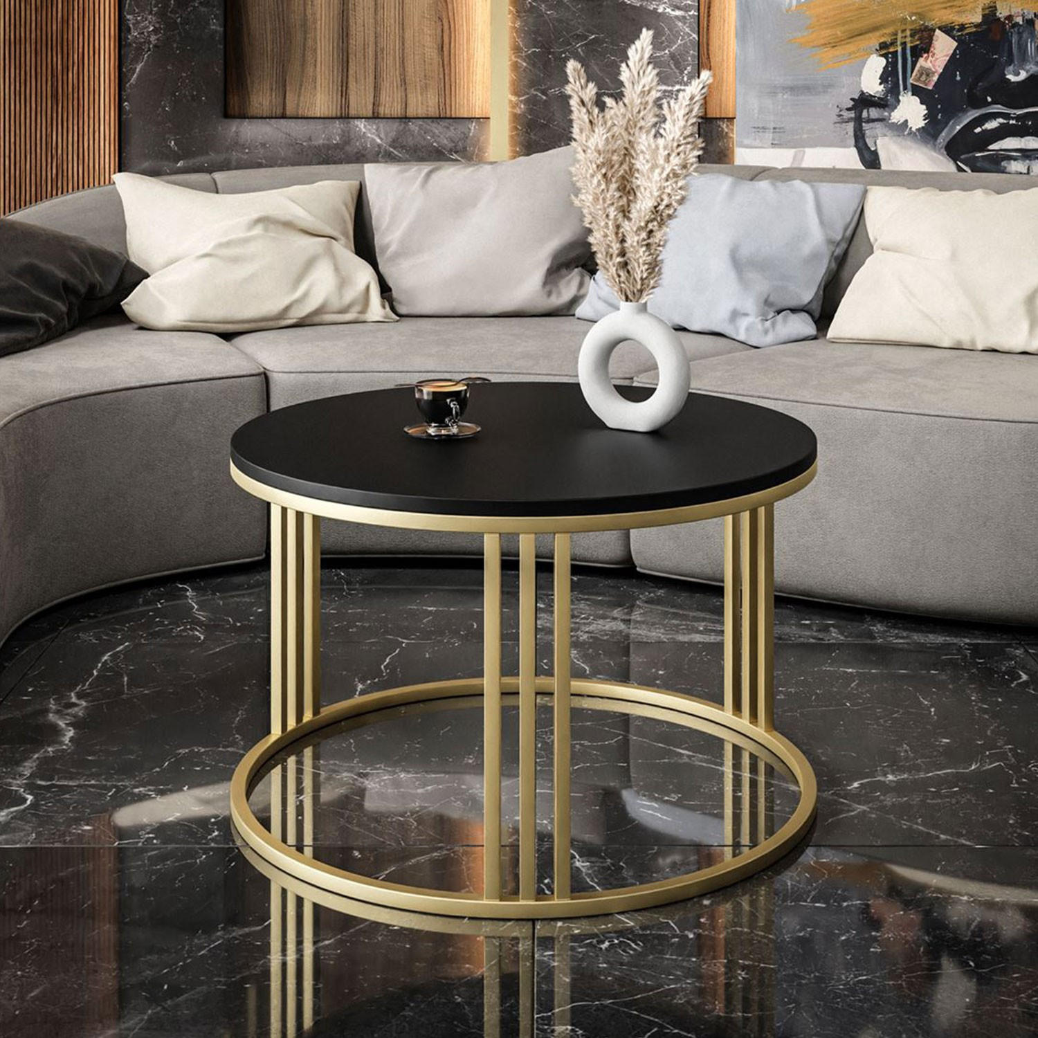 COUCHTISCH LORI mit goldfarbenem Fuß schwarz matt - Goldfarben, Holzwerkstoff (70/70/48cm) - Lookway