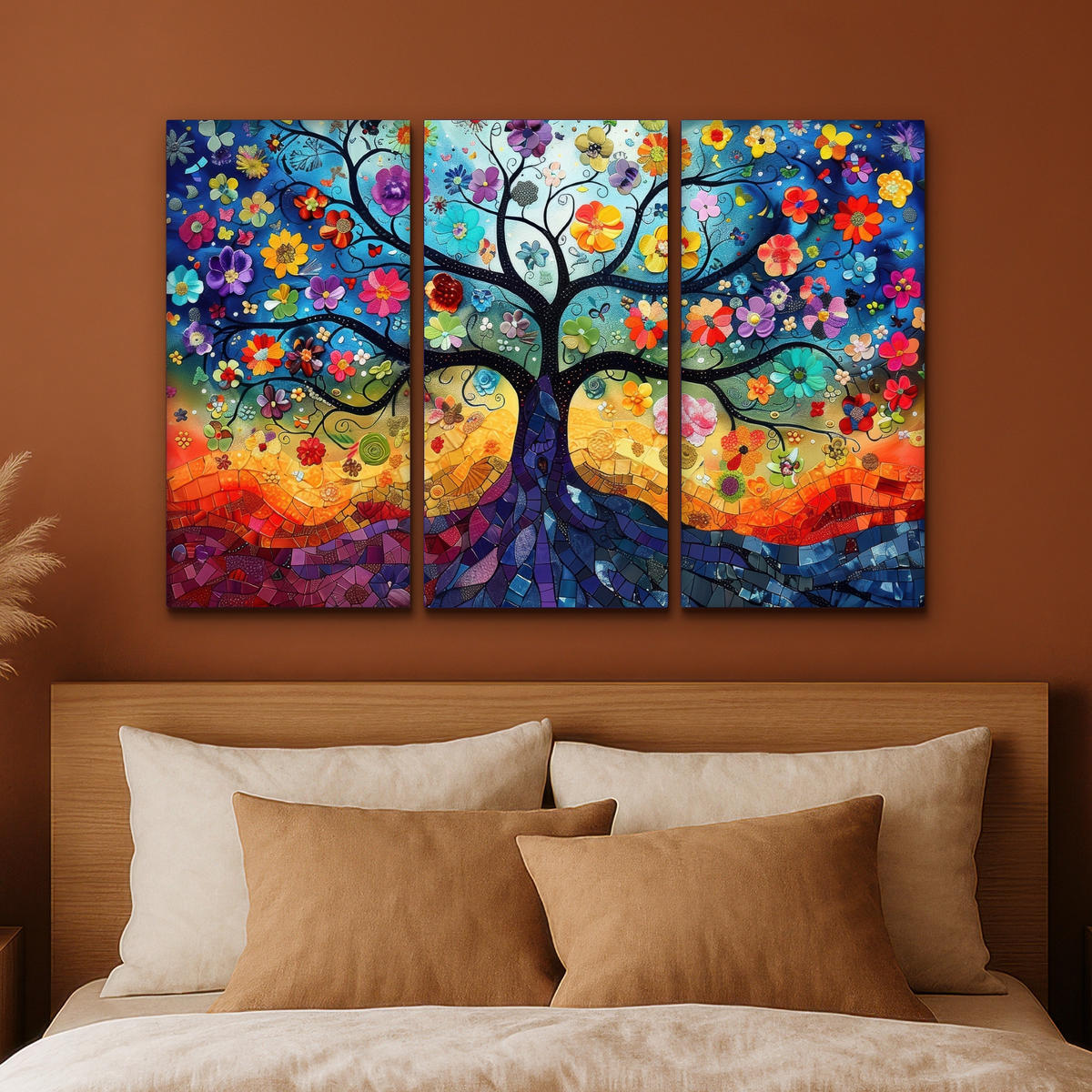 LEINWANDBILD 3er Set Bunt - Baum des Lebens - Blumen - Abstrakt 120x80 cm - Blau, Textil (120/80cm) - MuchoWow