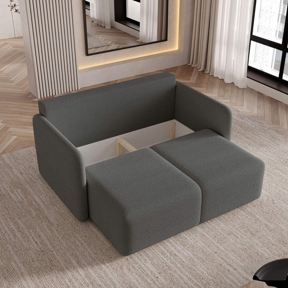 BETTSOFA SUVI II Q Grau Bucle-Stoff mit Schlaffunktion - Grau, Textil (90/85/153cm) - MASSENO