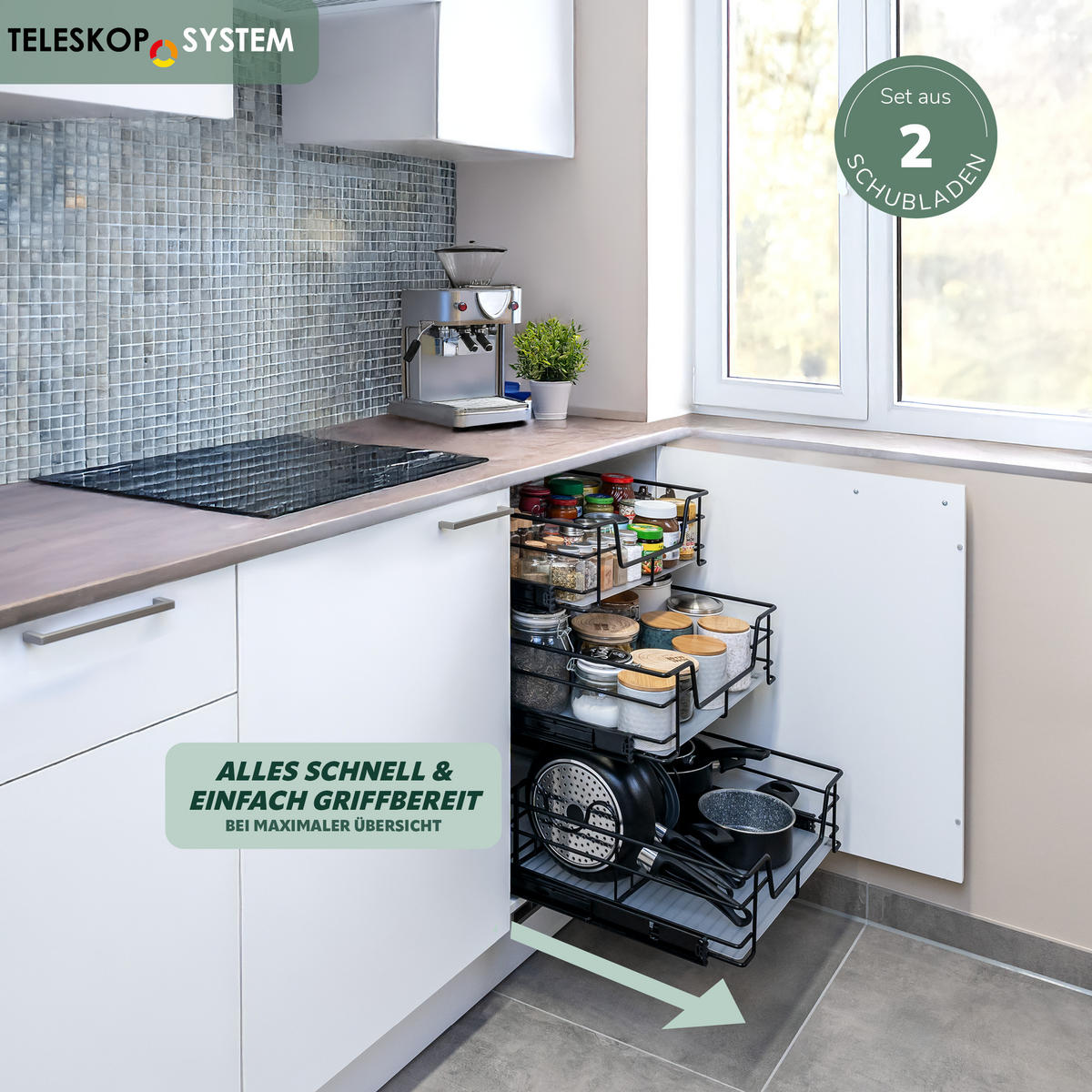TELESKOPSCHUBLADEN (2er Set), für 60 cm Schrank, Metall, Schwarz - Chromfarben, Metall (57/14/44cm) - bremermann