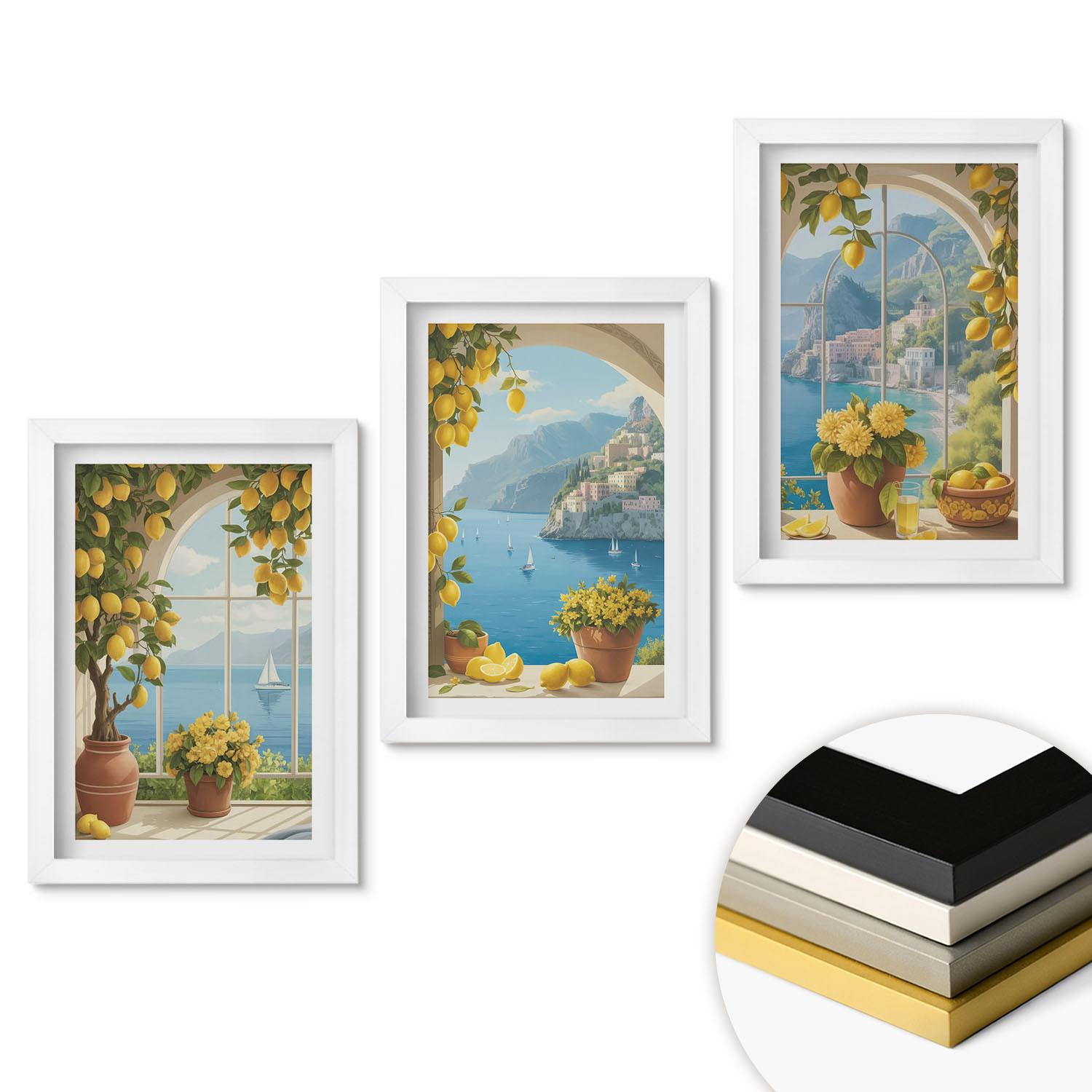 WANDBILDER 3er-Set - 20x30 cm Weißer Rahmen - Meereslandschaften, Zitronen, Fenster - Weiß, Kunststoff (20/30cm) - ArtPrintCave