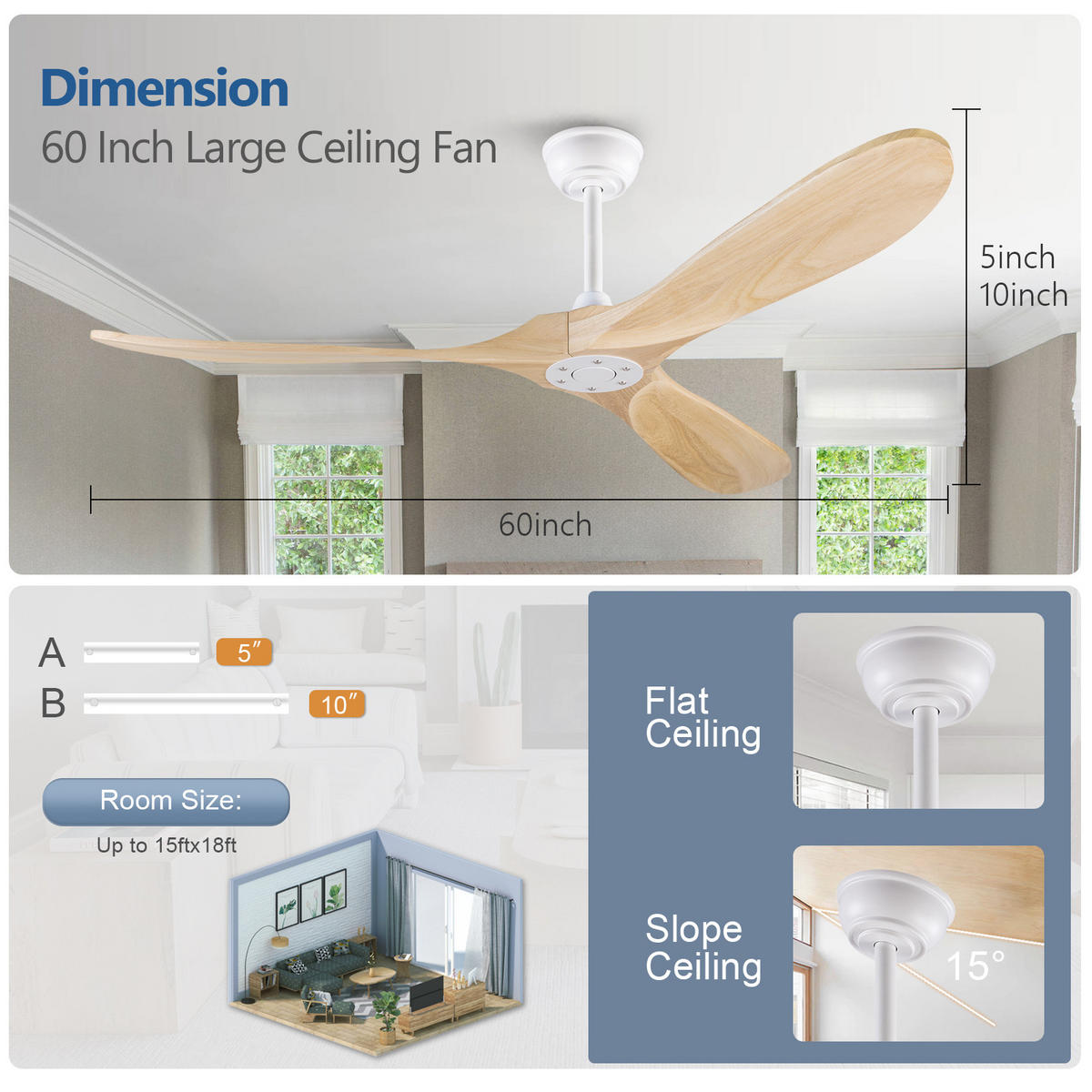 DECKENVENTILATOR DE-16220 60 Zoll ohne Licht mit Fernbedienung Naturholz - Naturfarben, Holz/Metall (152/152/32cm) - ComfortXL