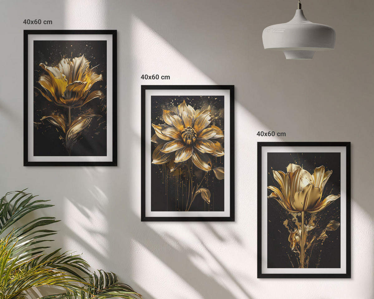 WANDBILDER 3er-Set - 40x60 cm Schwarzer Rahmen - Gelbe Blüten auf dunklem Hintergrund - Schwarz, Kunststoff (40/60cm) - ArtPrintCave