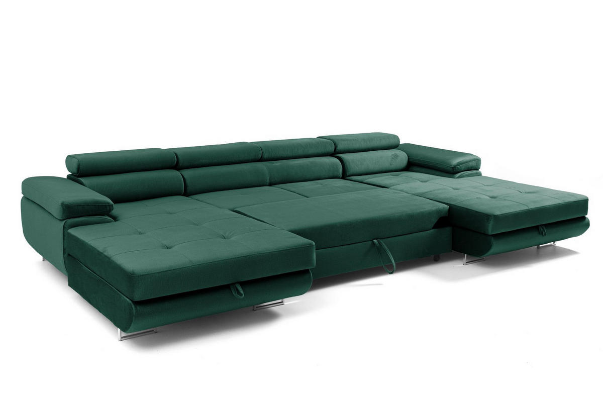 ECKSOFA U-Form ALONZO U mit Schlaffunktion 130x280 Velours Grün - Silberfarben/Grün, Holz/Textil (350/90/203cm) - Muffo