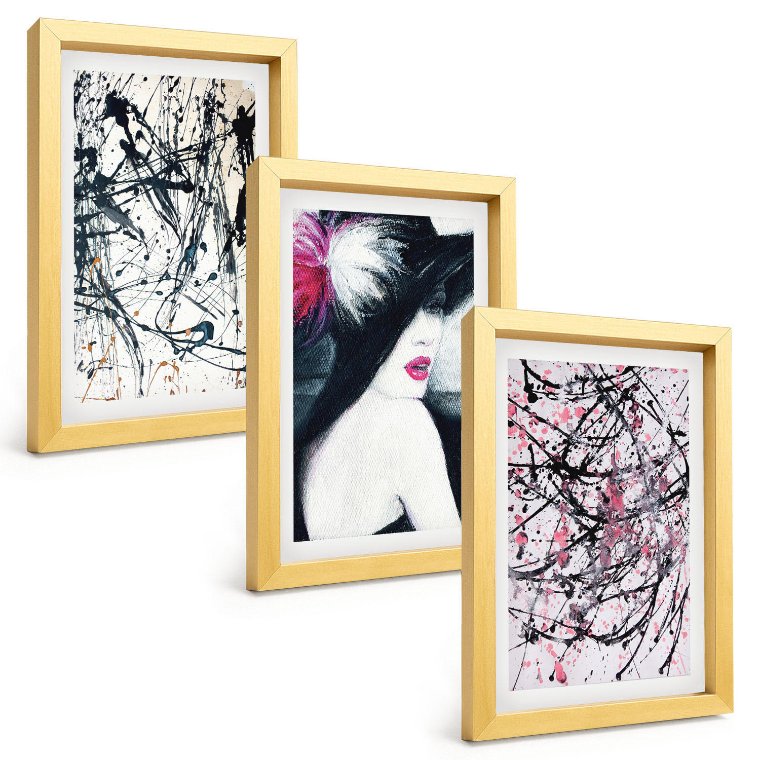 BILDER SET 3er Set - 20x30 cm Goldrahmen - Abstrakte Farbmuster Hut - Goldfarben, Kunststoff (20/30cm) - TULUP