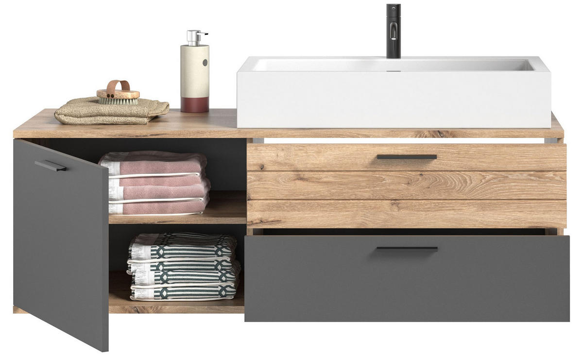 WASCHTISCH inkl. Waschbecken MASON (B/H/T: ca. 140/62/48 cm) in Nox Oak Nachbildung/Basalt grau - Eichefarben, Holzwerkstoff (140/62/48cm)