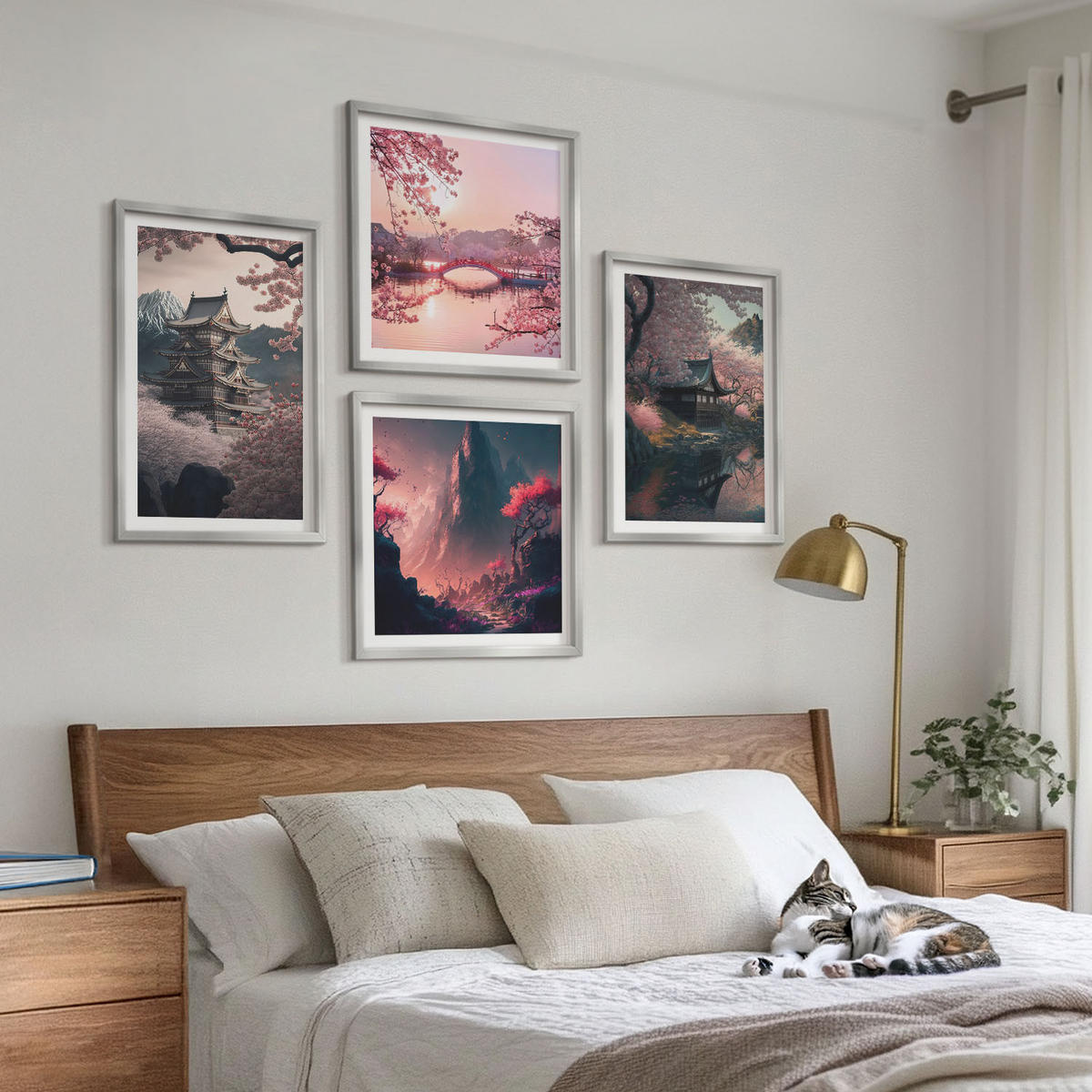 BILDER SET 4er Set - 50x50 cm & 40x60 cm Silberner Rahmen - Fantasielandschaften Japans - Silberfarben, Kunststoff (50/50cm) - TULUP