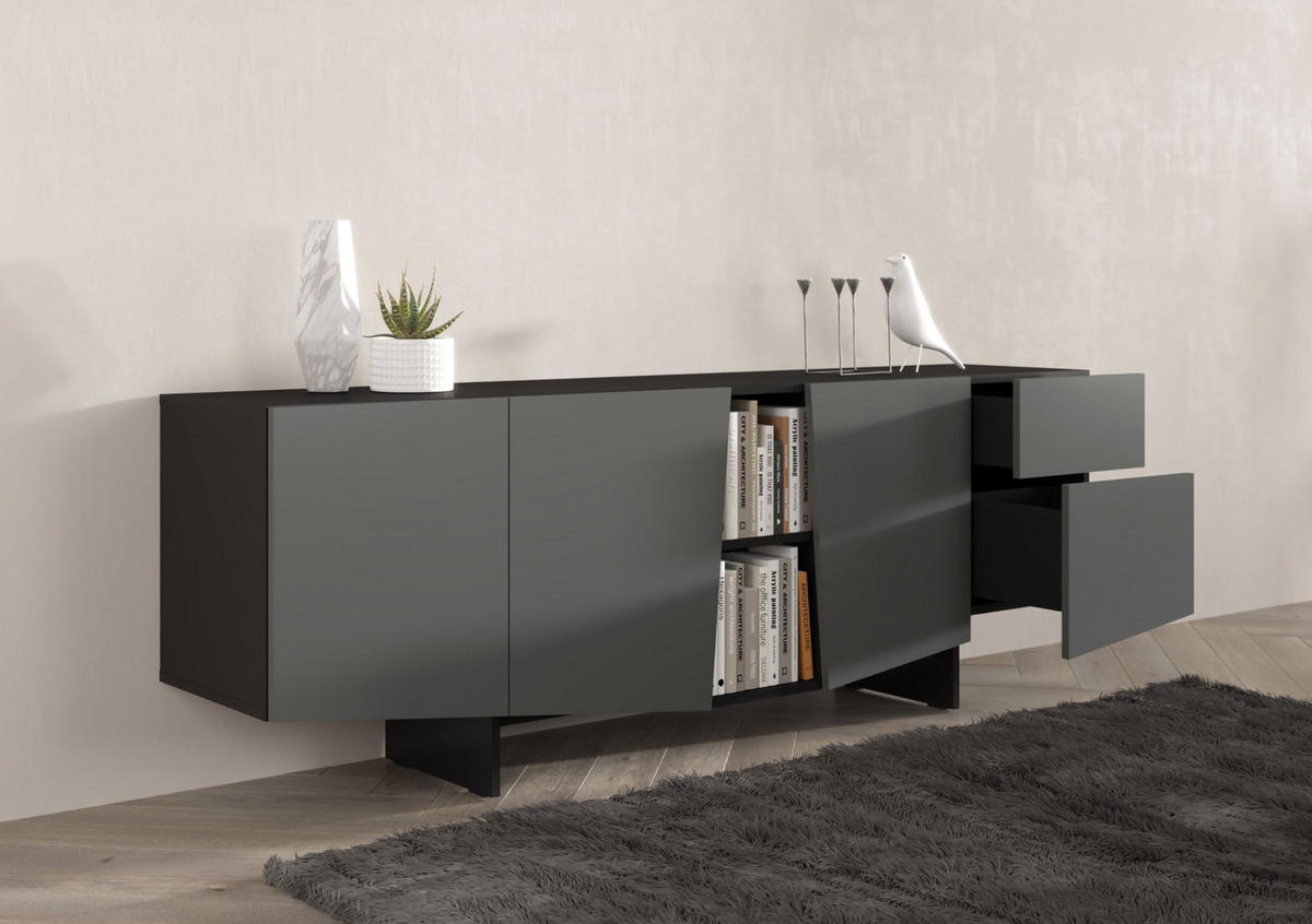SIDEBOARD Wing, Asymmetrische Fronten, 200 cm, Schwarz und Grau - Schwarz/Grau, Holzwerkstoff (200.2/70/41.8cm) - Skandica