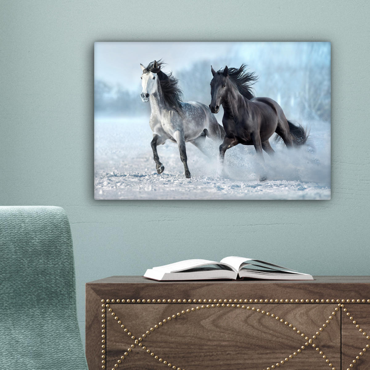 LEINWANDBILD Pferde - Winter - Tiere - Natur - Schnee 30x20 cm - Anthrazit, Textil (30/20cm) - MuchoWow