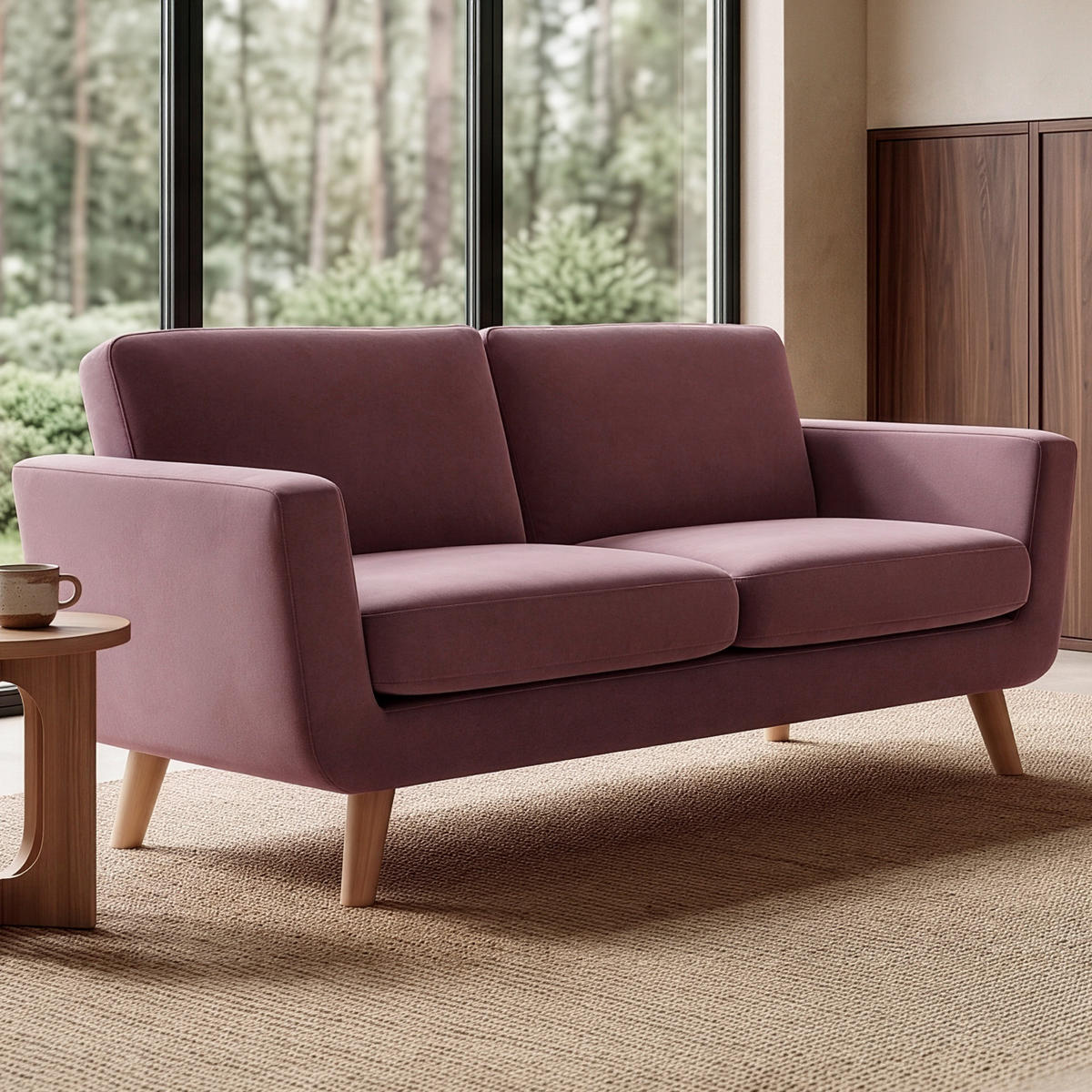 SOFA TAGIO mit Armlehnen, Rosa - Koralle/Braun, Buchenholz/Textil (153/80/84cm) - KONSIMO®