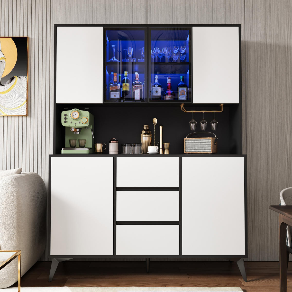 VITRINE LED Hochschrank Schwarz Weiß Glasfront 3 Schubladen - Multicolor, Holzwerkstoff (120/160/40cm) - FLIEKS