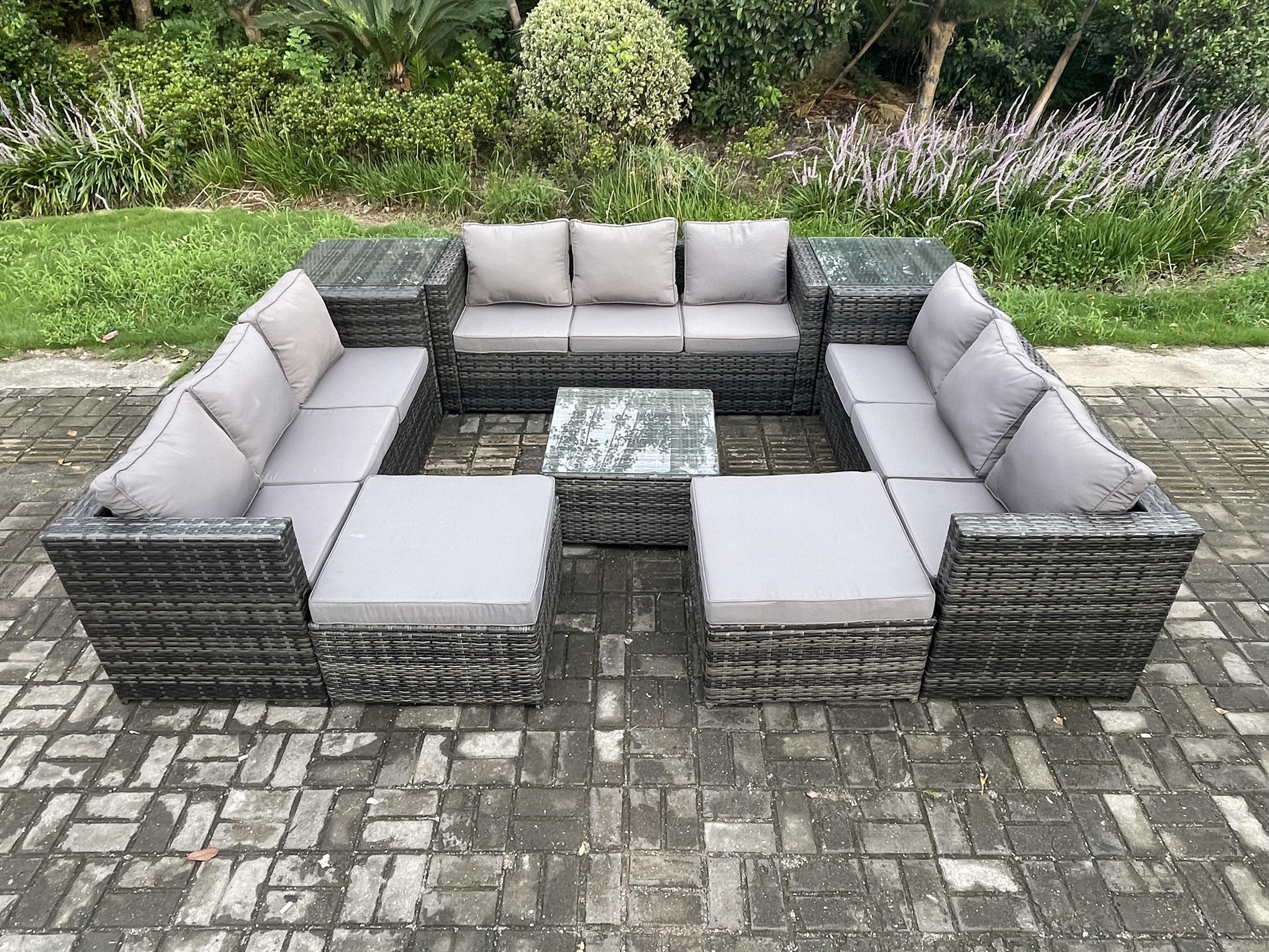 GARTENTISCHGRUPPE Polyrattan 11-Sitzer - Dunkelgrau, Metall - Fimous