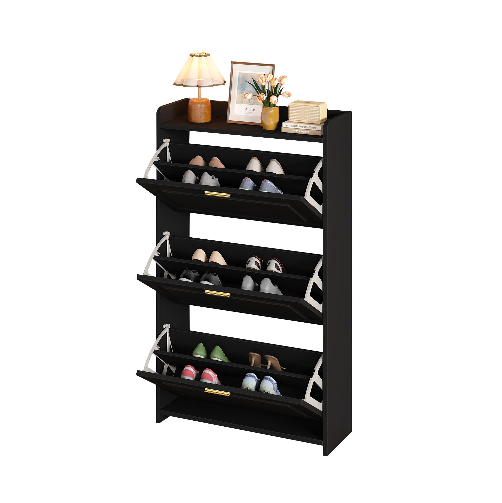 SCHUHSCHRANK mit Klappen 70/24/120 cm in Schwarz, platzsparend - Schwarz, Holzwerkstoff (70/120/24cm) - BEAOK