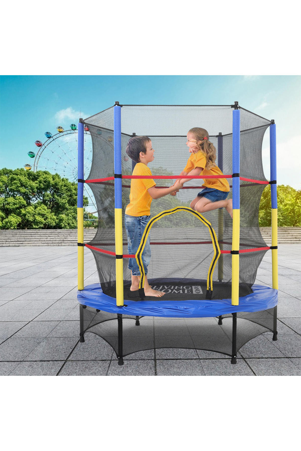 TRAMPOLIN mit Sicherheitsnetz aus Stahl, PP, EPE, Gummiseile in Blau + Gelb + Schwarz für Kinder 137.16 cm Durchmesser x 160 cm Höhe - Schwarz, Metall (137/137/160cm) - Livingandhome