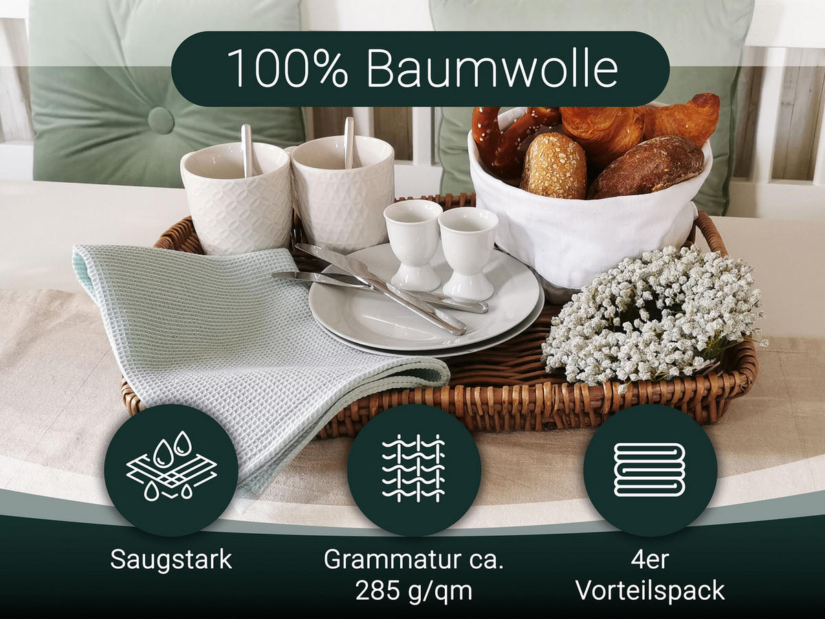 GESCHIRRTÜCHER, 4er-Set, 50x70 cm, 100% Baumwolle, Grün - Hellgrün, Textil (50/70cm) - Zollner