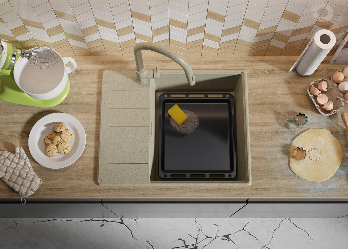 SPÜLBECKEN Kopenhagen, 2-er set Beige 62/50 cm 1 Becken + Ablauf-Set + Schneidebrett ab 50er Unterschrank - Beige, Kunststoff (62/20/50cm) - Primagran