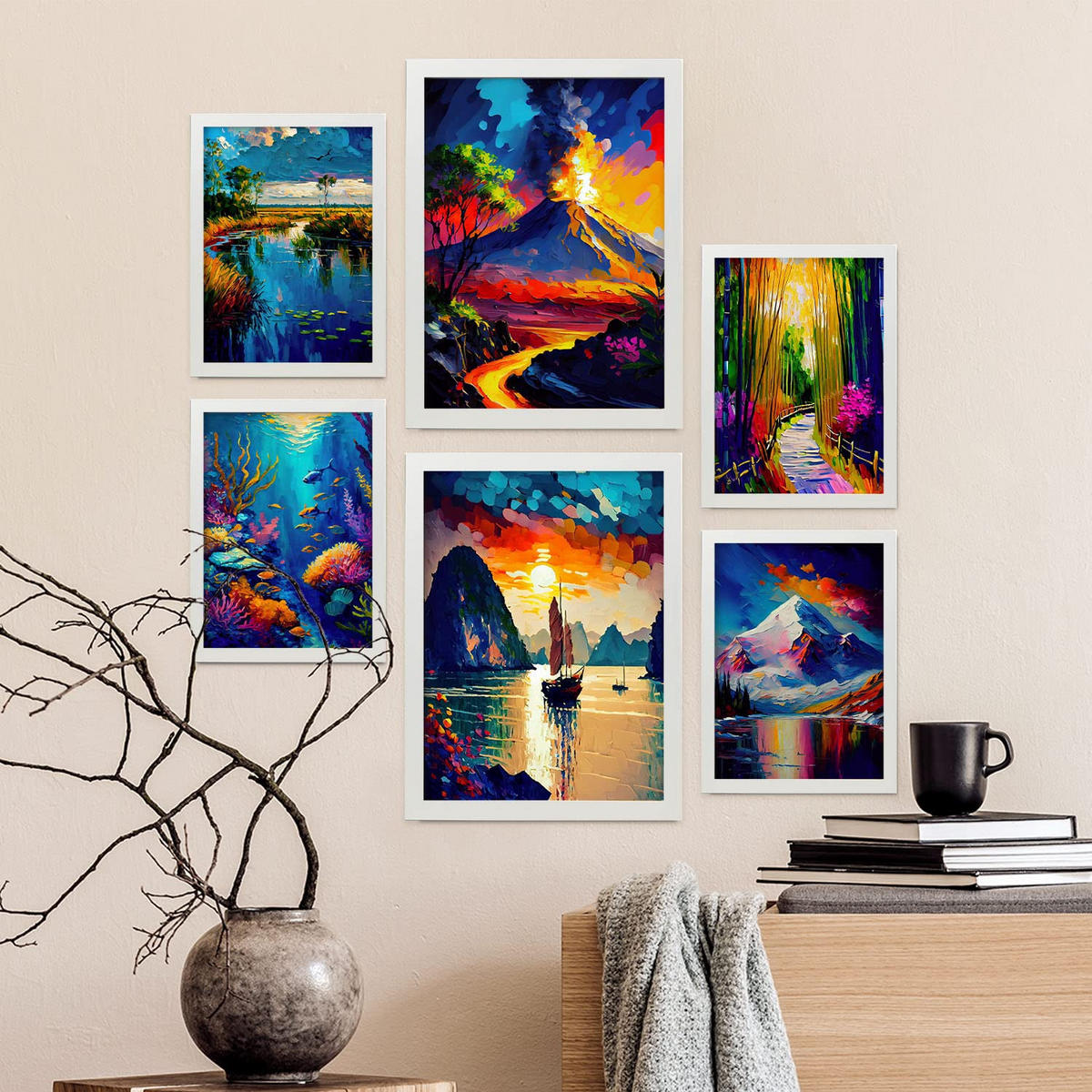 POSTER Set Mit 6 Wasser & Feuer Im Ölgemälde Stil A3 & A4 Weißer Rahmen - Weiß, Papier (29/3cm) - Nacnic