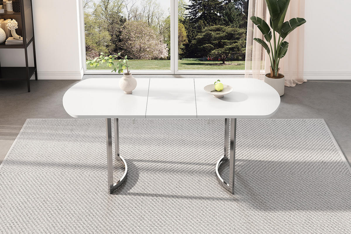 ESSTISCH Ausziehbarer 140/180/80 cm weiß mit versilberten Tischbeinen - Weiß, Holzwerkstoff (180/80/75cm) - OKWISH