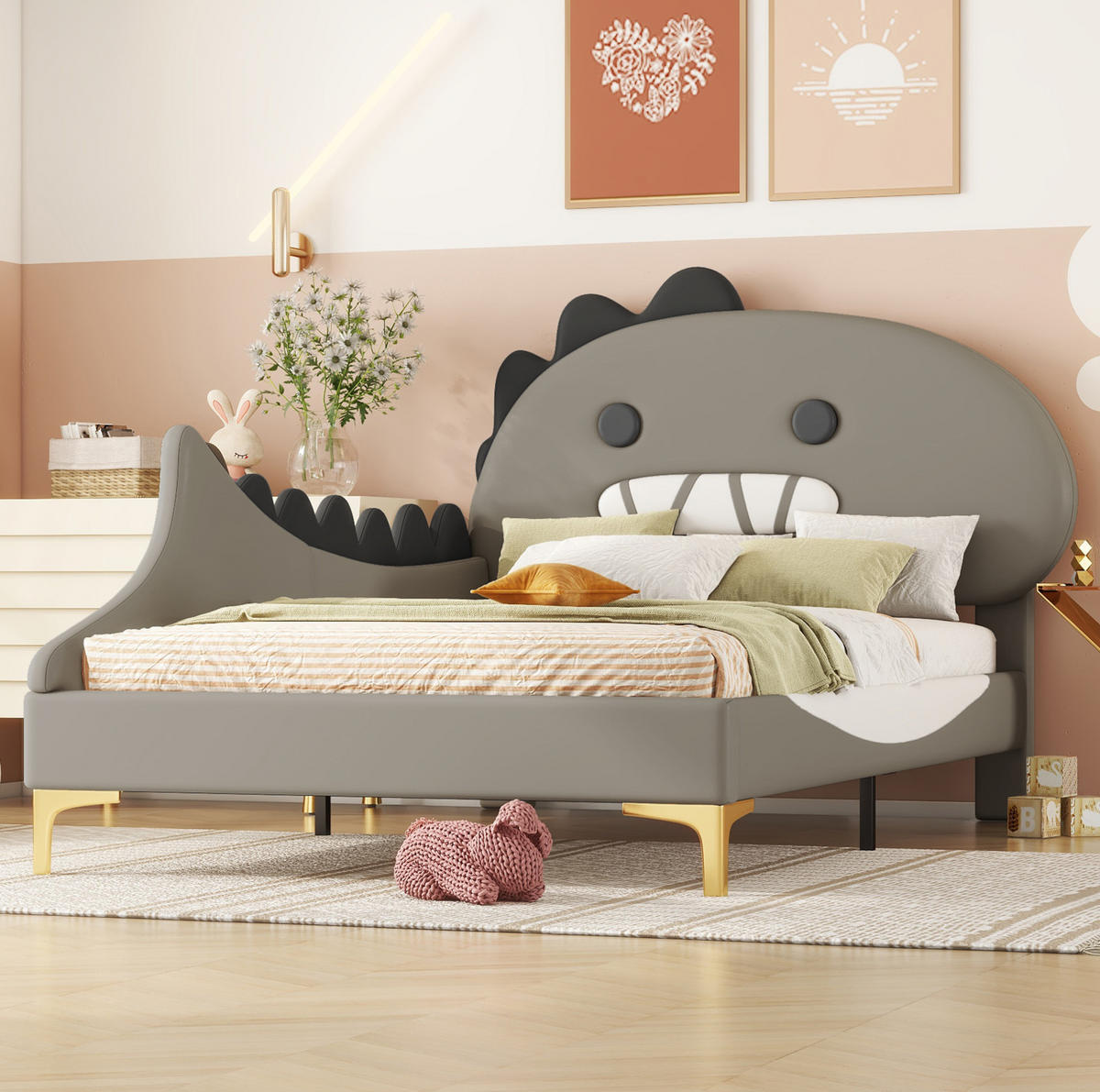 KINDERBETT 90/200 cm in Grau aus PU mit Dinosaurier-Design - Grau, Kunststoff (90/200cm) - Flora Grace