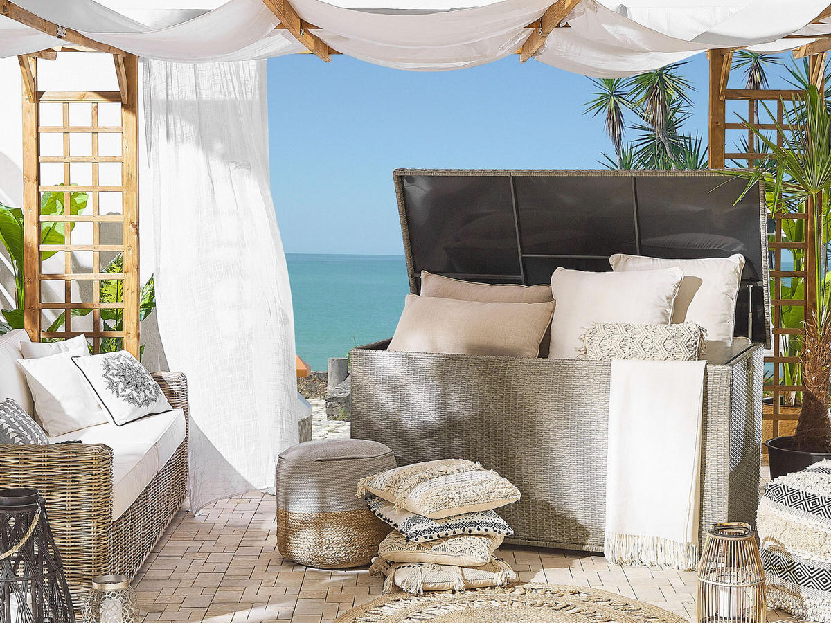 AUFLAGENBOX Rattan taupe 155/75 cm Modena - Beige/Schwarz, Kunststoff (155/80/75cm) - Beliani