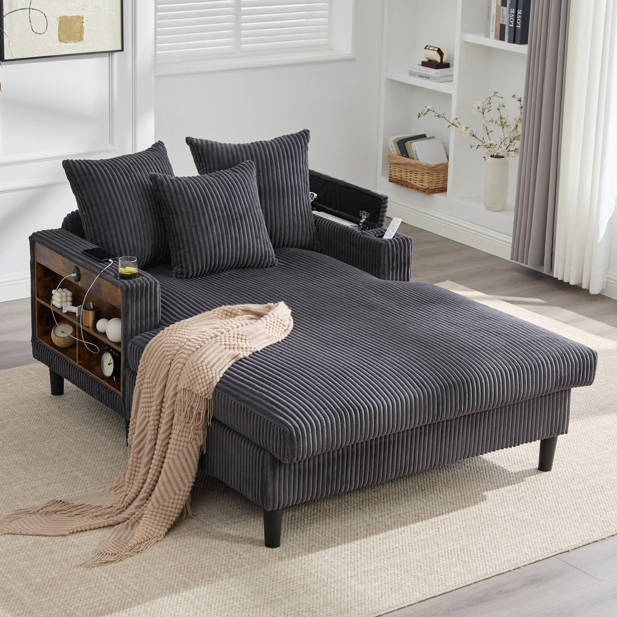 CHAISELONGUE 170/129/70 cm mit LED-Beleuchtung, USB-Anschluss, Stauraum und 2 Becherhaltern, Dunkelgrau - Dunkelgrau, Textil (170/70/129cm) - Redom