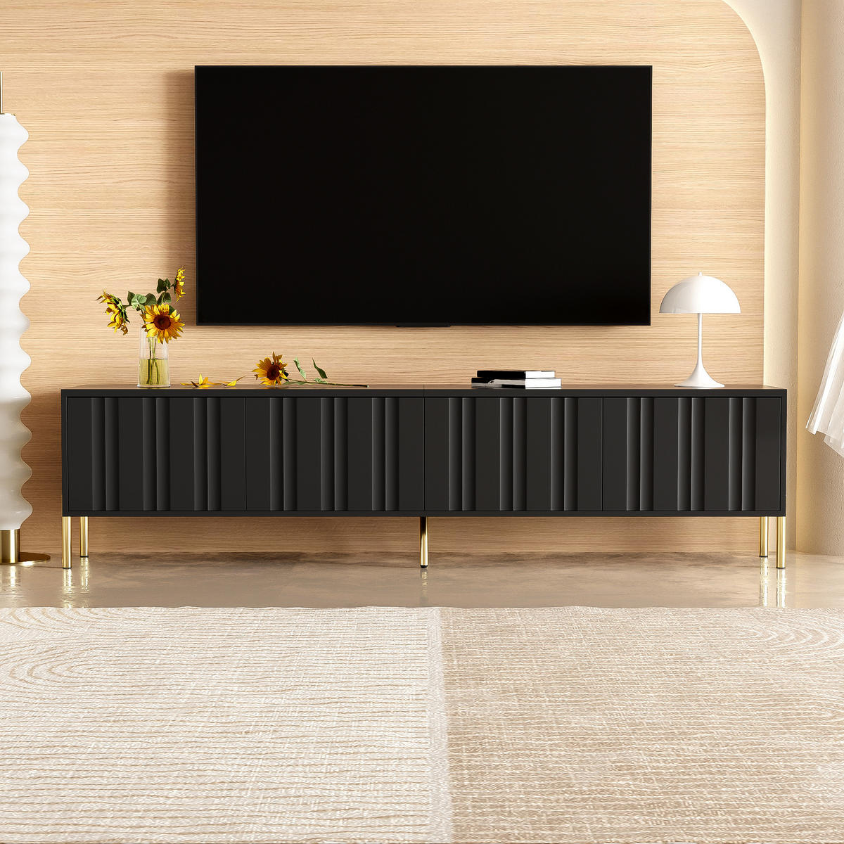 TV-ELEMENTSCHWARZ 190x38x48cm Fernsehschrank Gerillte Türen Goldene Beine - Schwarz, Holz (44.5/17.98/108cm) - Raelunyi