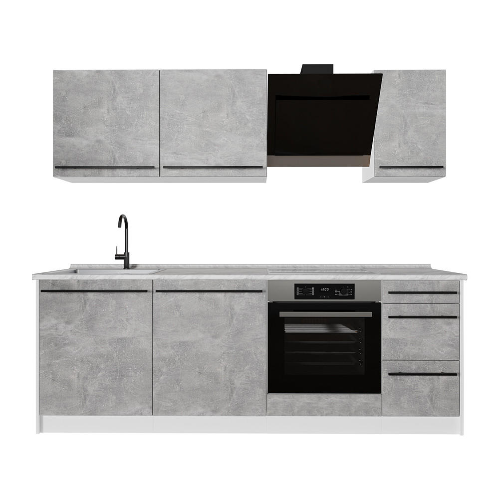KÜCHENZEILE R-Line, Beton/Weiß, 220 cm Arbeitsplatte Marmor - Weiß/Grau, Holzwerkstoff (220/81.6/60cm) - Vicco