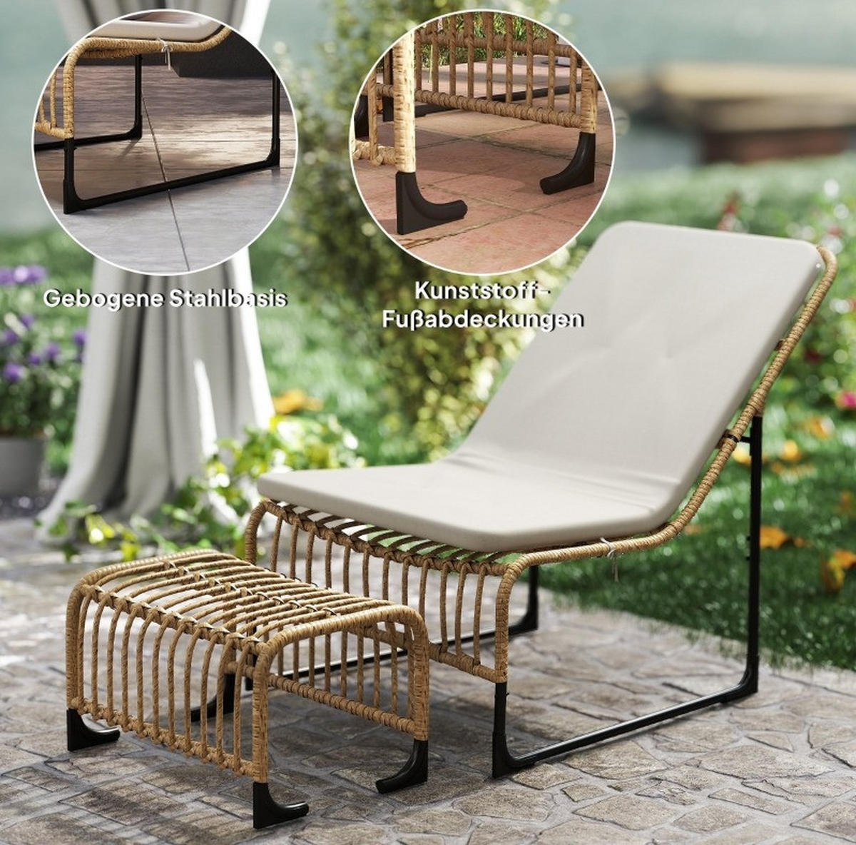 GARTEN-RELAXSESSEL aus Rattan & Metall 65x93x80 cm in Beige mit Fußhocker - Beige, Metall (65/80/96cm) - Modfu