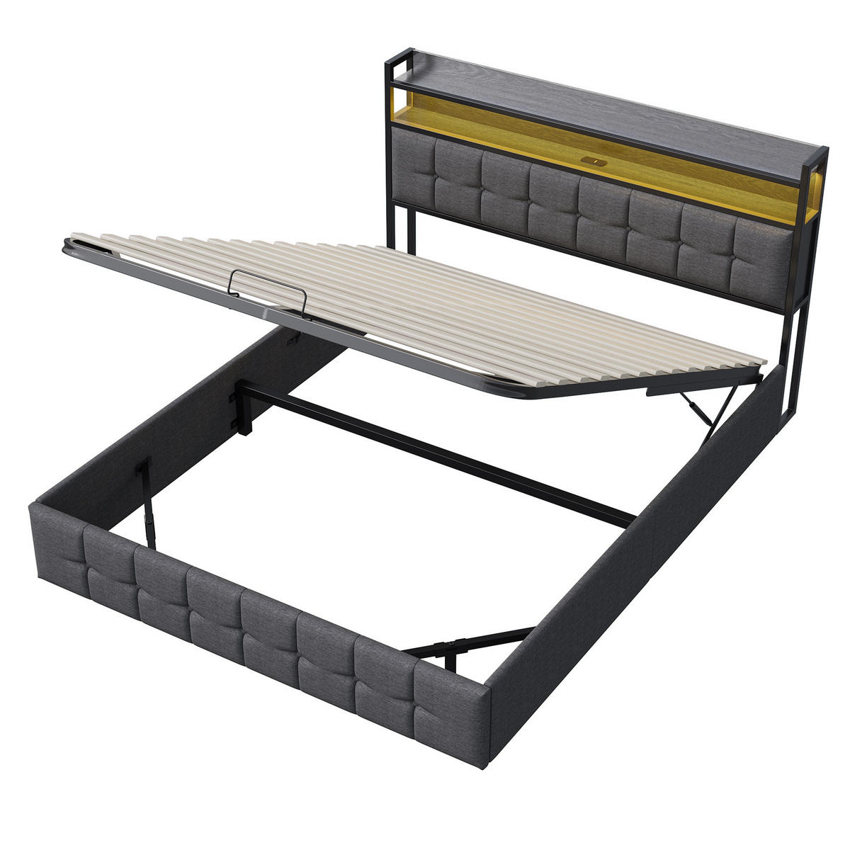 POLSTERBETT mit Bettkasten, 140/190 cm, mit LED, USB, und hydraulischem Stauraum, Lattenrost, Grau - Grau, Textil (140/190cm) - Waldena