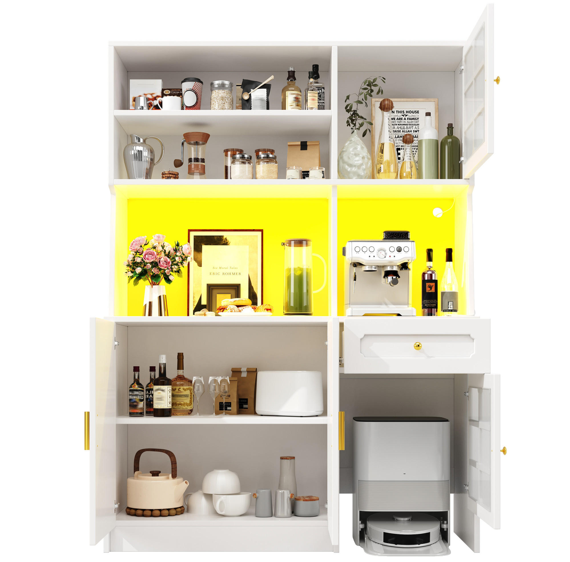 BUFFET mit Glastüren 130/45/180 cm in Weiß mit LED-Beleuchtung & viel Stauraum - Weiß, Holzwerkstoff (130/180/45cm) - BEAOK