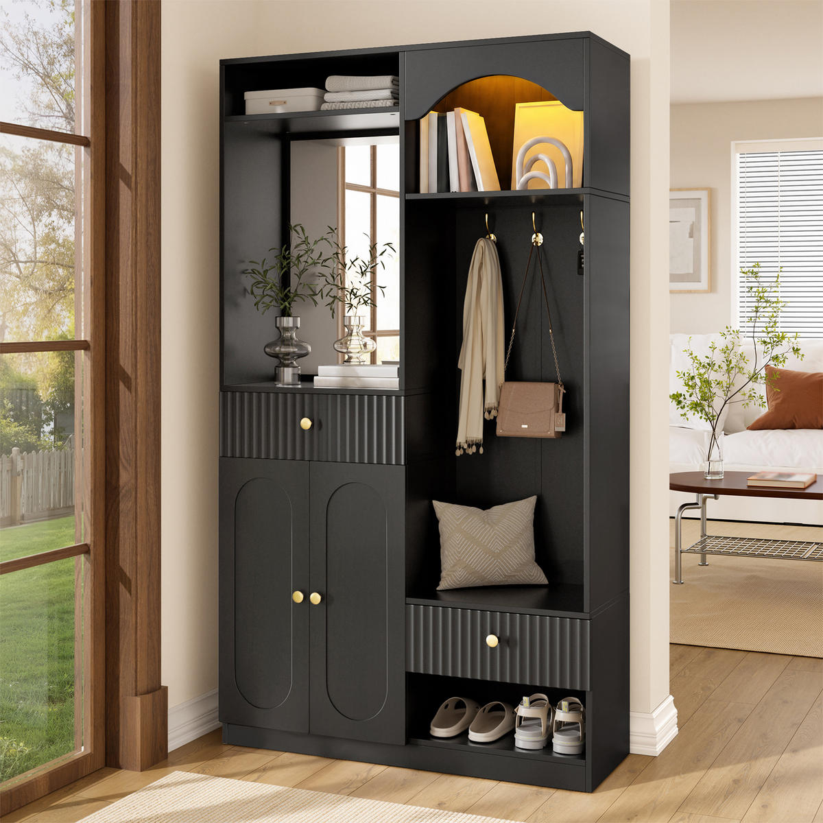 KOMPAKTGARDEROBE Spiegel Sitzbank Schuhschrank Haken LED - Schwarz, Holzwerkstoff (100/180/35cm) - FLIEKS