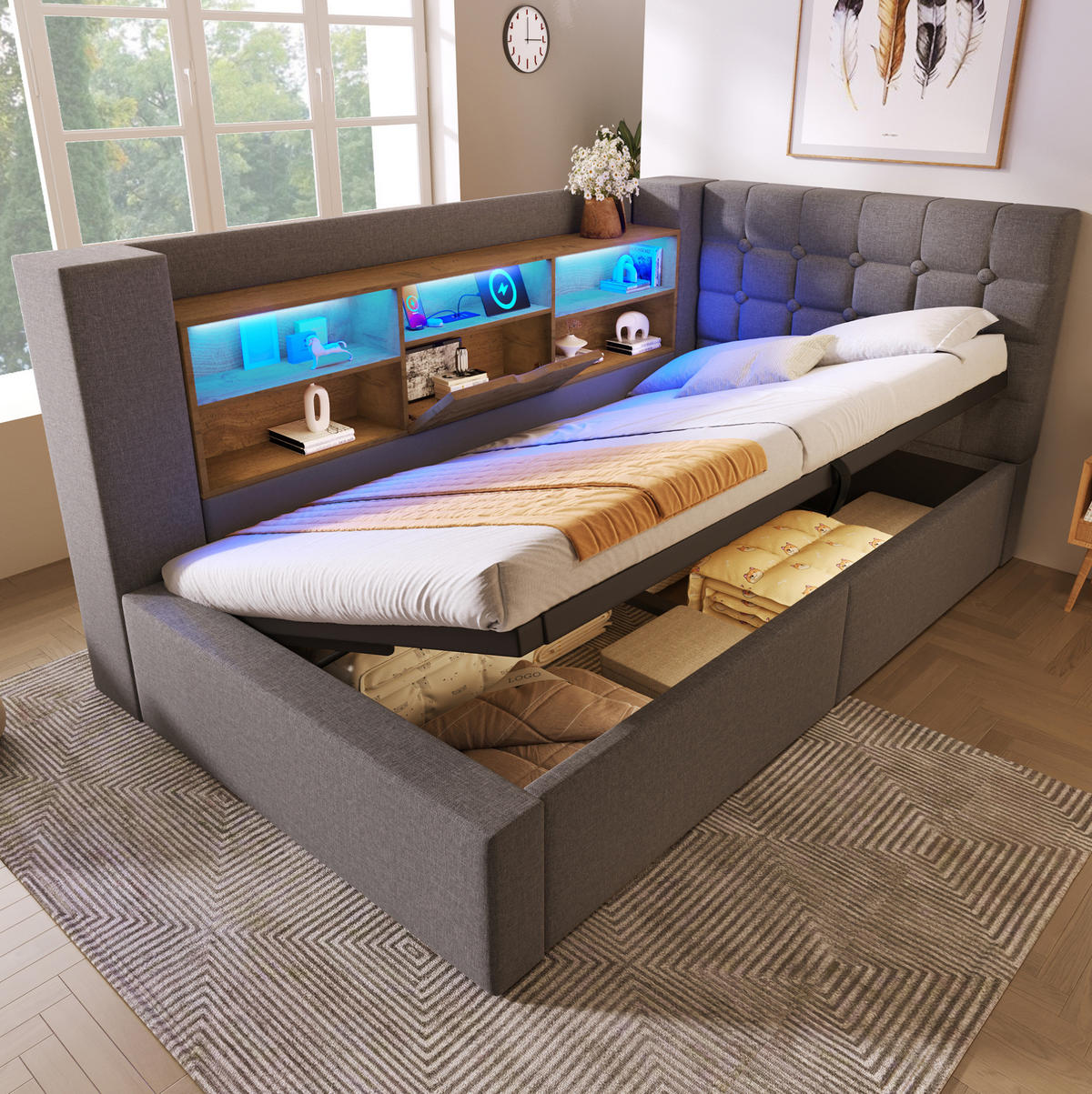 POLSTERBETT 90/200 cm Grau mit LED, USB und Stauraum ohne Matratze - Grau, Textil (90/200cm) - MIVRAY