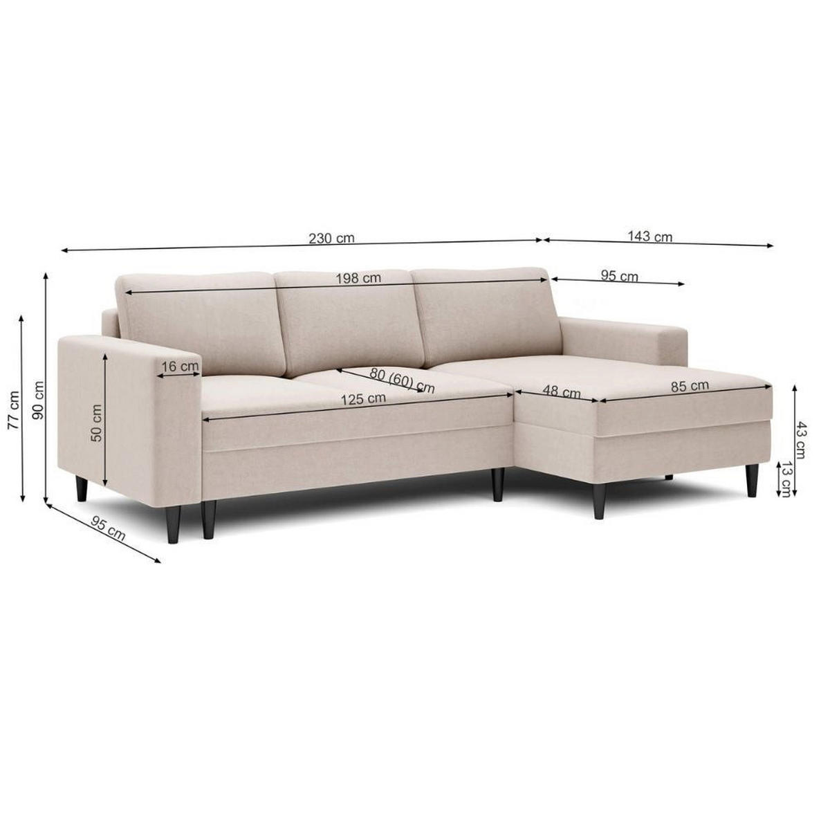 ECKSOFA Nalika Cremeweiß Velours - Creme/Schwarz, Holz/Textil (230/143cm) - Selsey