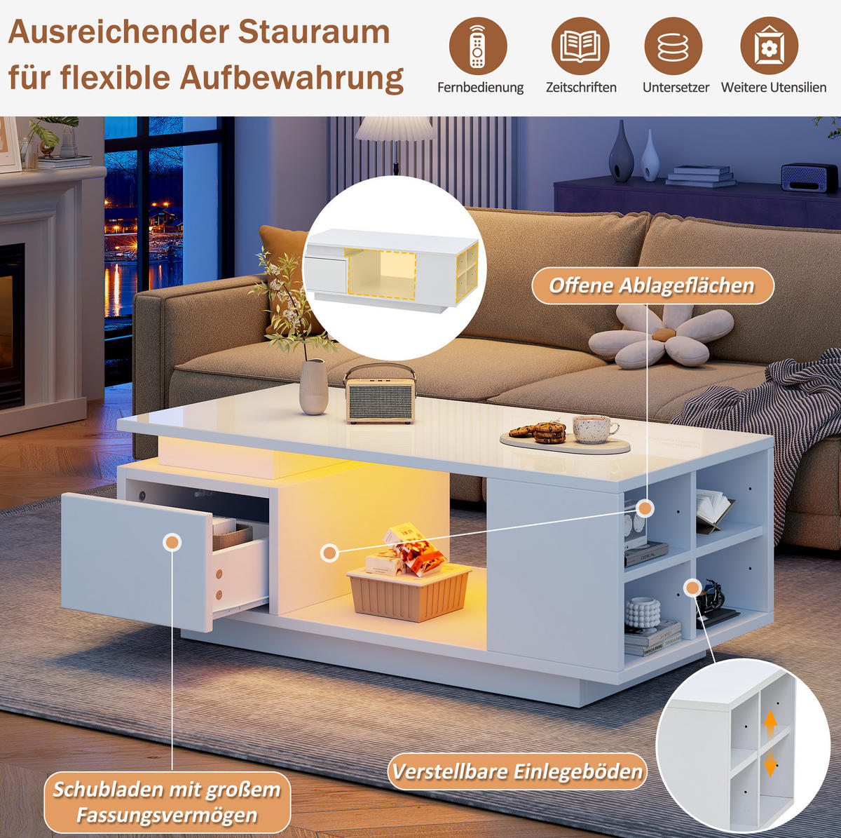 COUCHTISCH 100/50/36 cm mit LED-Beleuchtung, Schublade und seitlichen Ablagefächern, Weiß - Weiß, Holzwerkstoff (100/50/36cm) - Redom