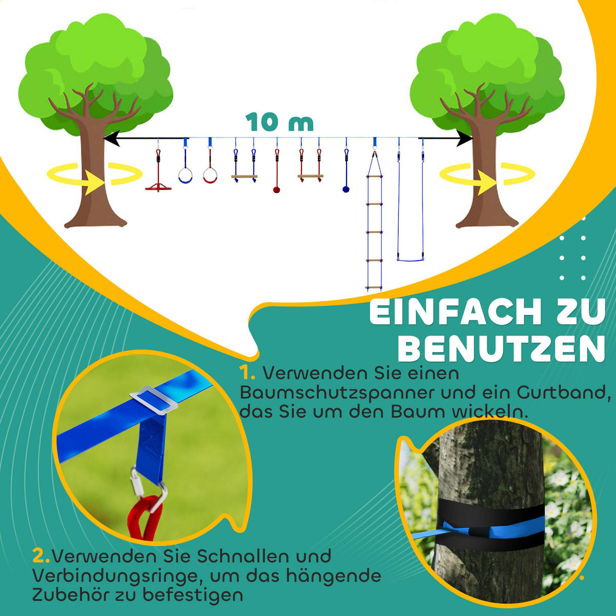 NINJA Warrior Hindernisparcours für Kinder 10 m Ninja Slackline Kit Blau - Blau, Kunststoff (5/1000cm) - AIYAPLAY