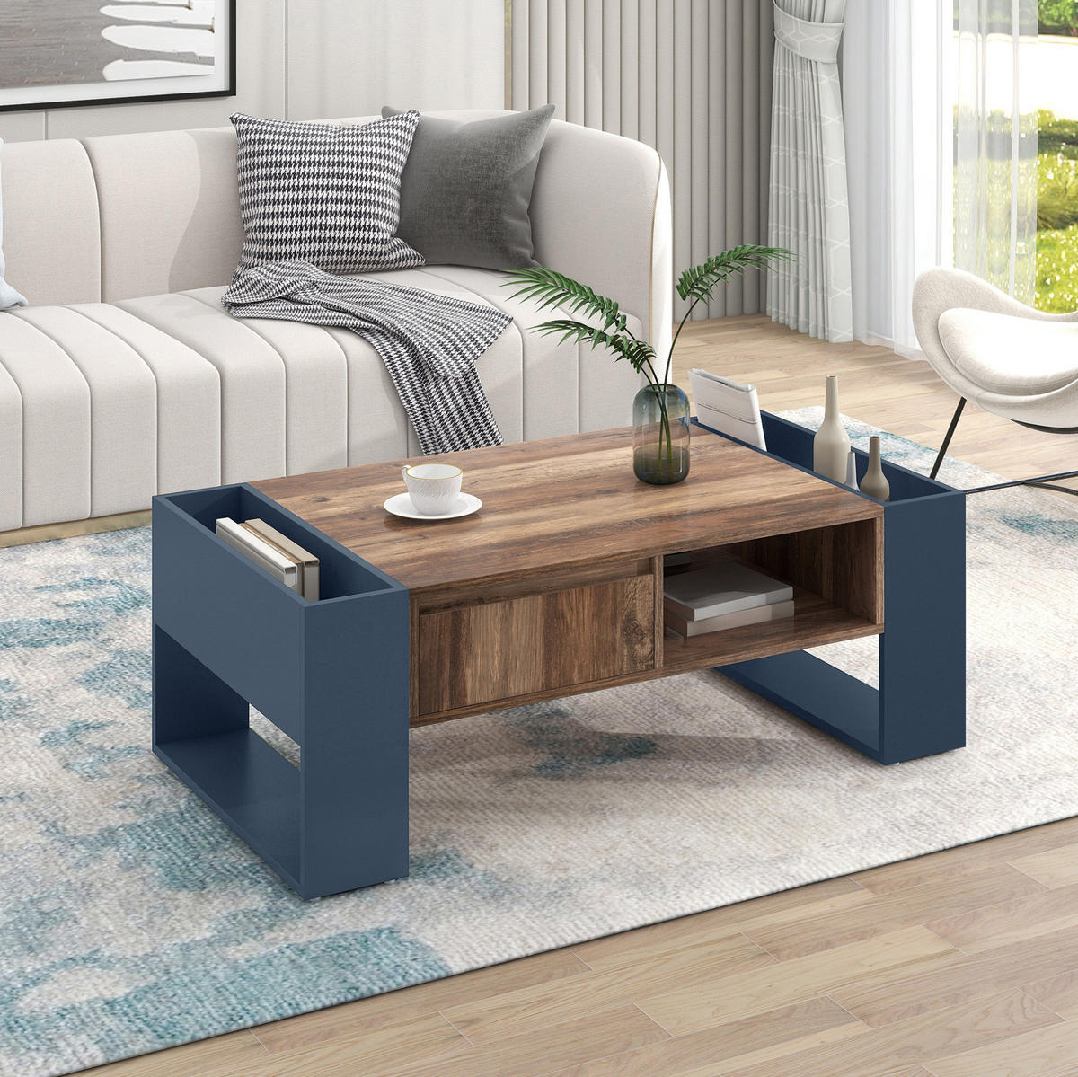 COUCHTISCH aus melaminbeschichteter Spanplatte 111x60x40 cm Holzoptik Grauschwarz mit Stauraum - Grau, Holzwerkstoff (111/60/40cm) - IVMEU