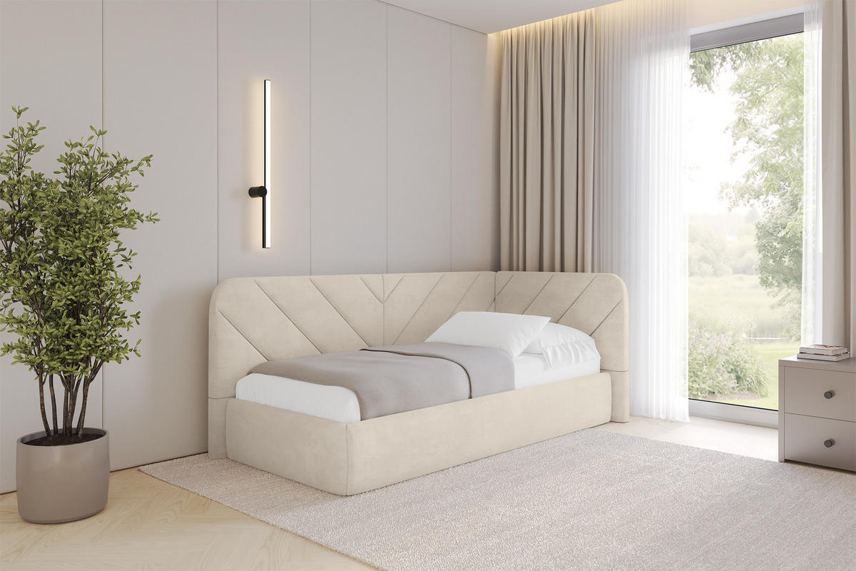 EINZELLBETT Jugendbett mit Bettkasten und Matratze H3/H4, Links - FIKY 90x200 Beige - Beige, Holzwerkstoff/Textil (90/200cm) - ALTDECOR