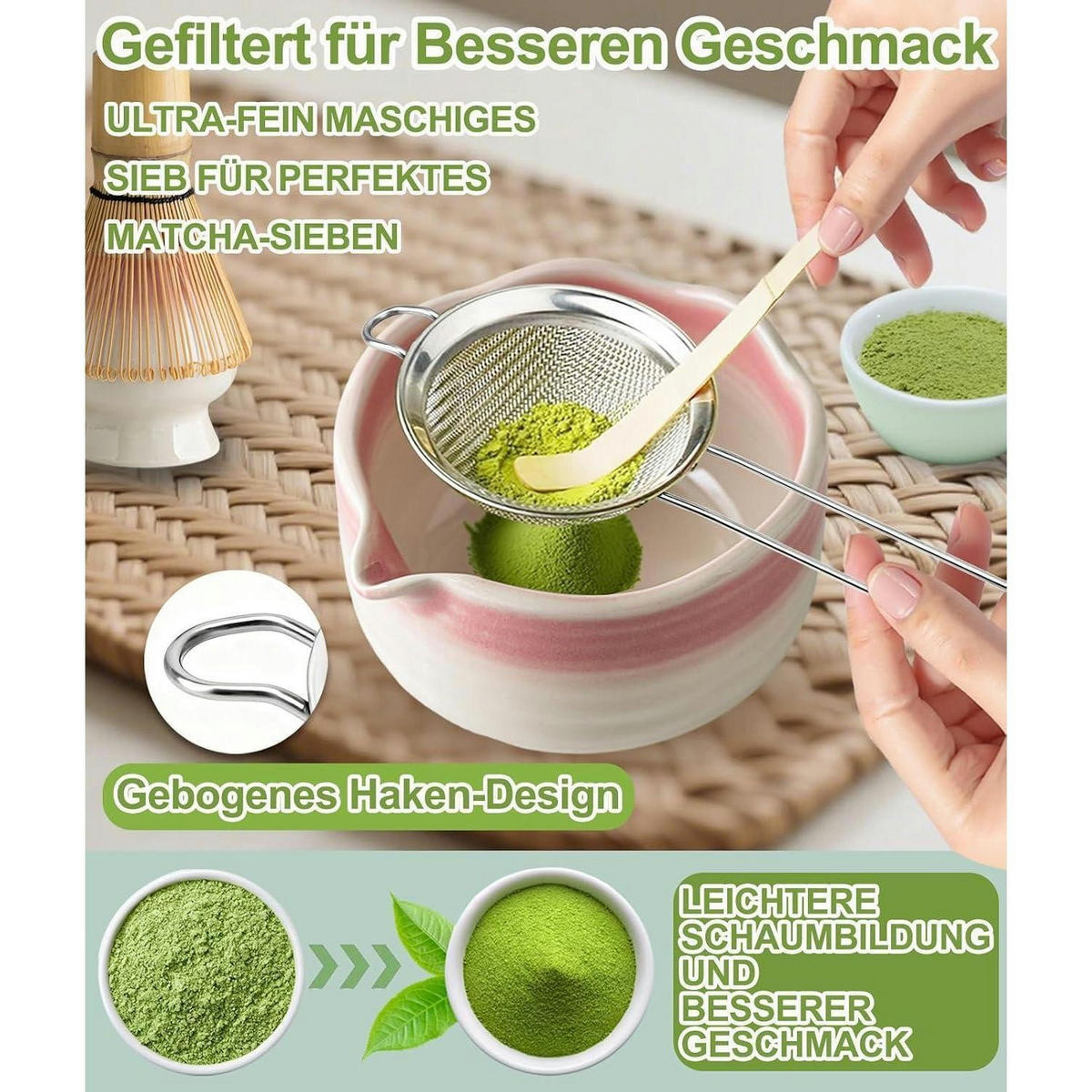 MATCHA Set 5-teilig Bambus mit Besenhalter und Sieb Farbverlauf Rosa - Rosa, Naturmaterialien (15/15/15cm)