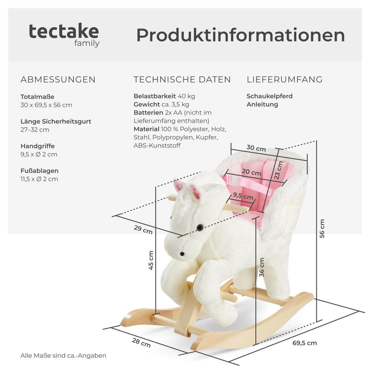 SCHAUKELPFERD ,massive Holzkufen, ab 18 Monaten geeignet,rosa/weiß - Pink/Weiß, Textil (30/56/69.5cm) - tectake