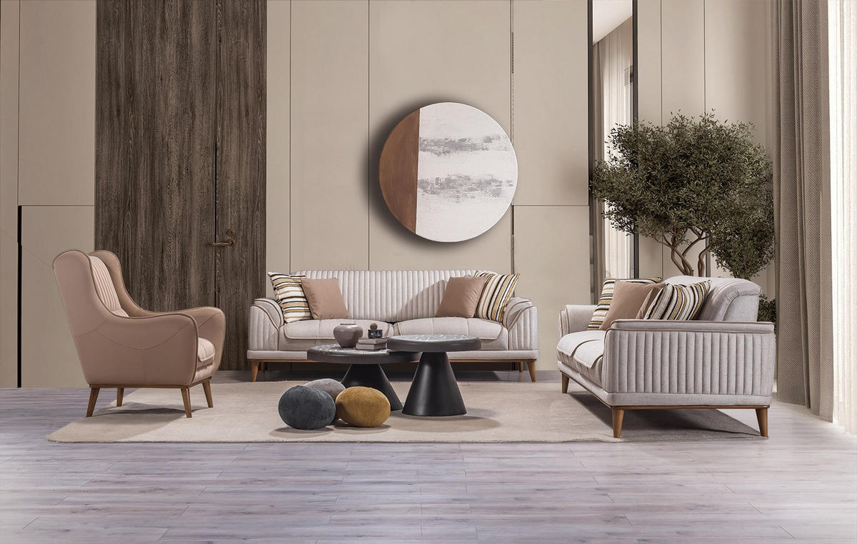 SITZGARNITUR Bond Creme Stellvariante:3+3+1 - Creme, Holz (227/85/100cm) - Villa Möbel