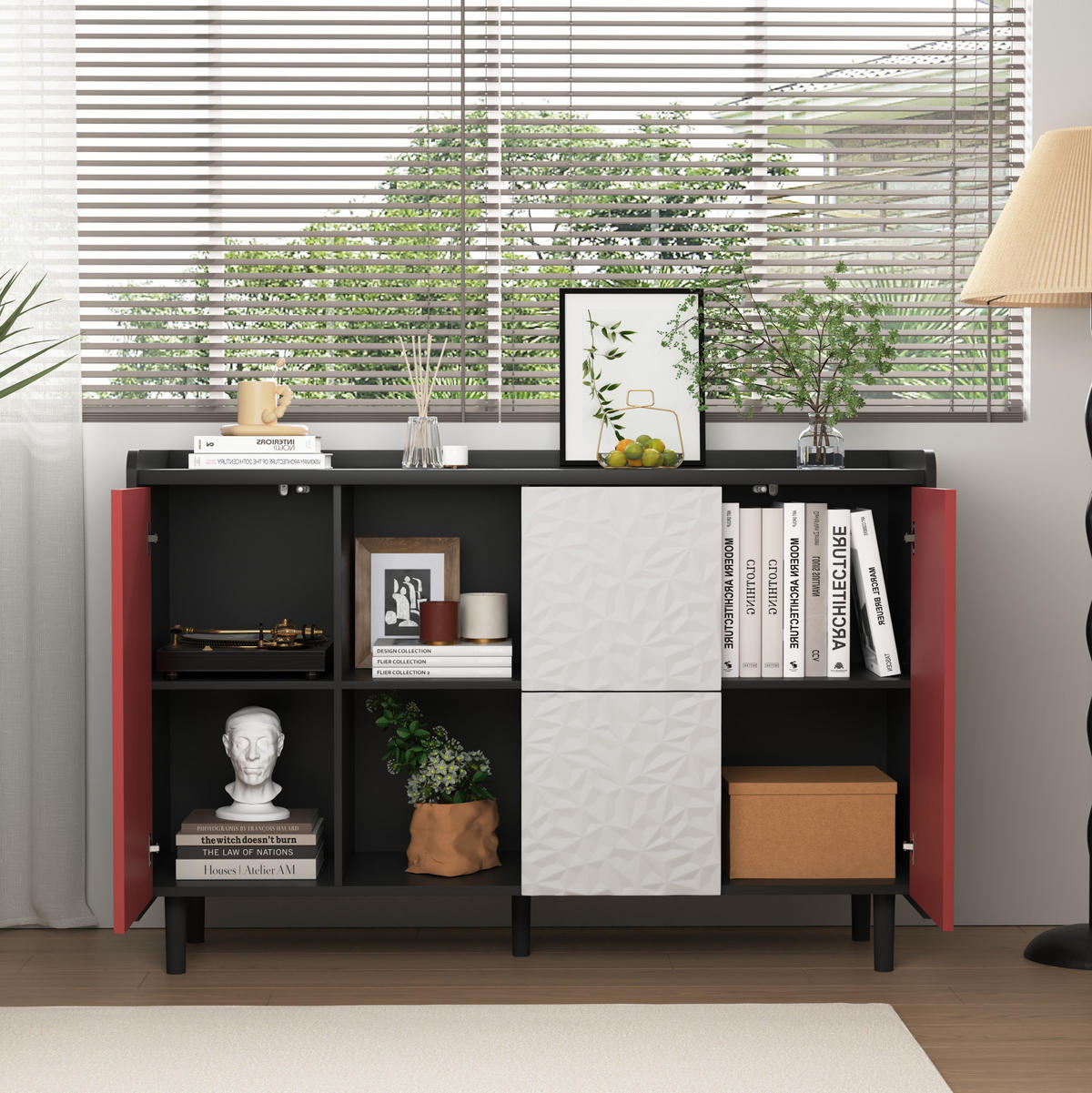 SIDEBOARD aus MDF 40x120x80 cm Schwarz/Rot mit 2 Schubladen, offenem Stauraum und Schrankfach - Schwarz, Holzwerkstoff (120/80/40cm) - Modfu